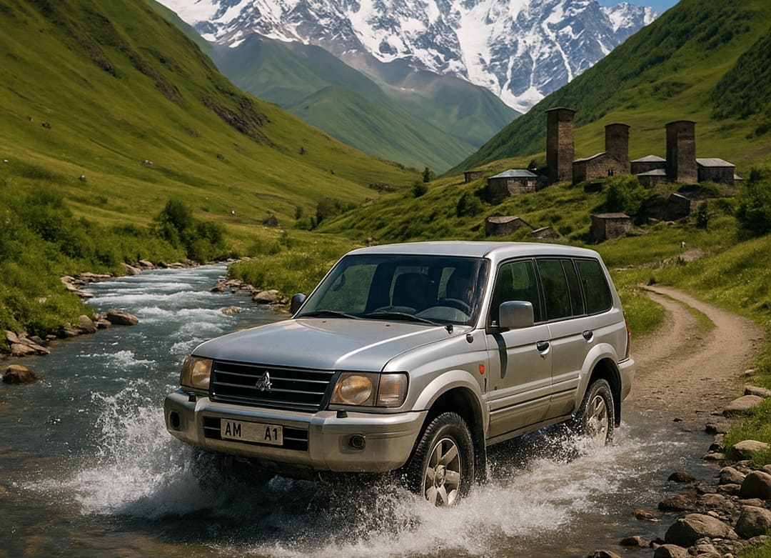 Crossing a mountain river in Georgia