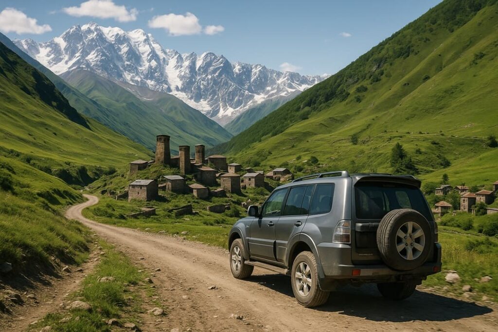 SUV on a mountain road in Svaneti