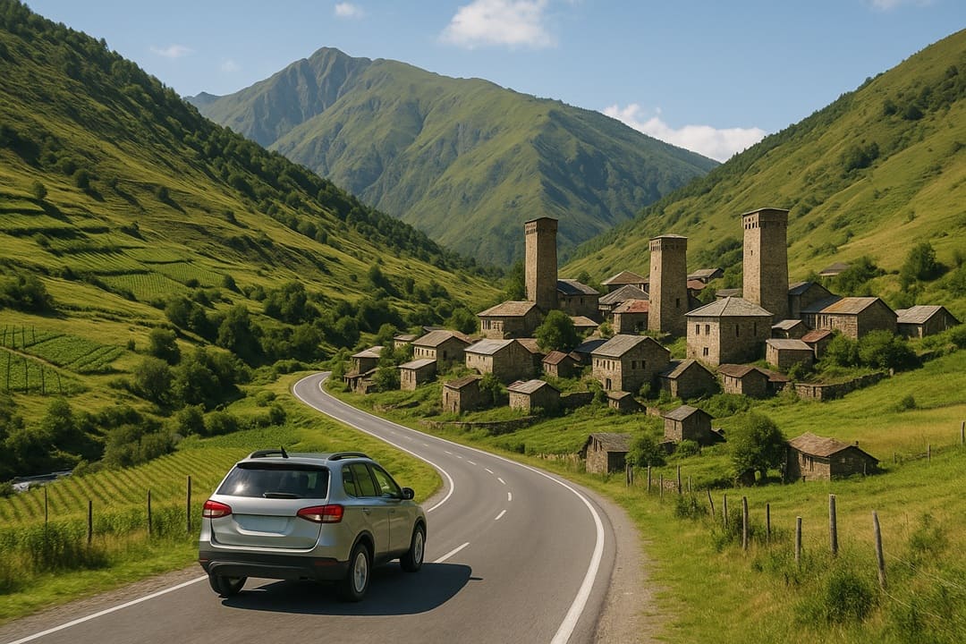 a winding road between hills and vineyards or with a view of stone towers in the mountains of Georgia