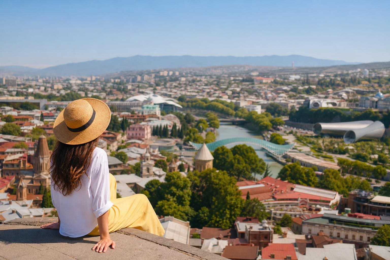 Woman in a straw hat overlooking the sunny Tbilisi skyline, featuring the Kura River, Bridge of Peace, and distant mountains under a clear blue sky.