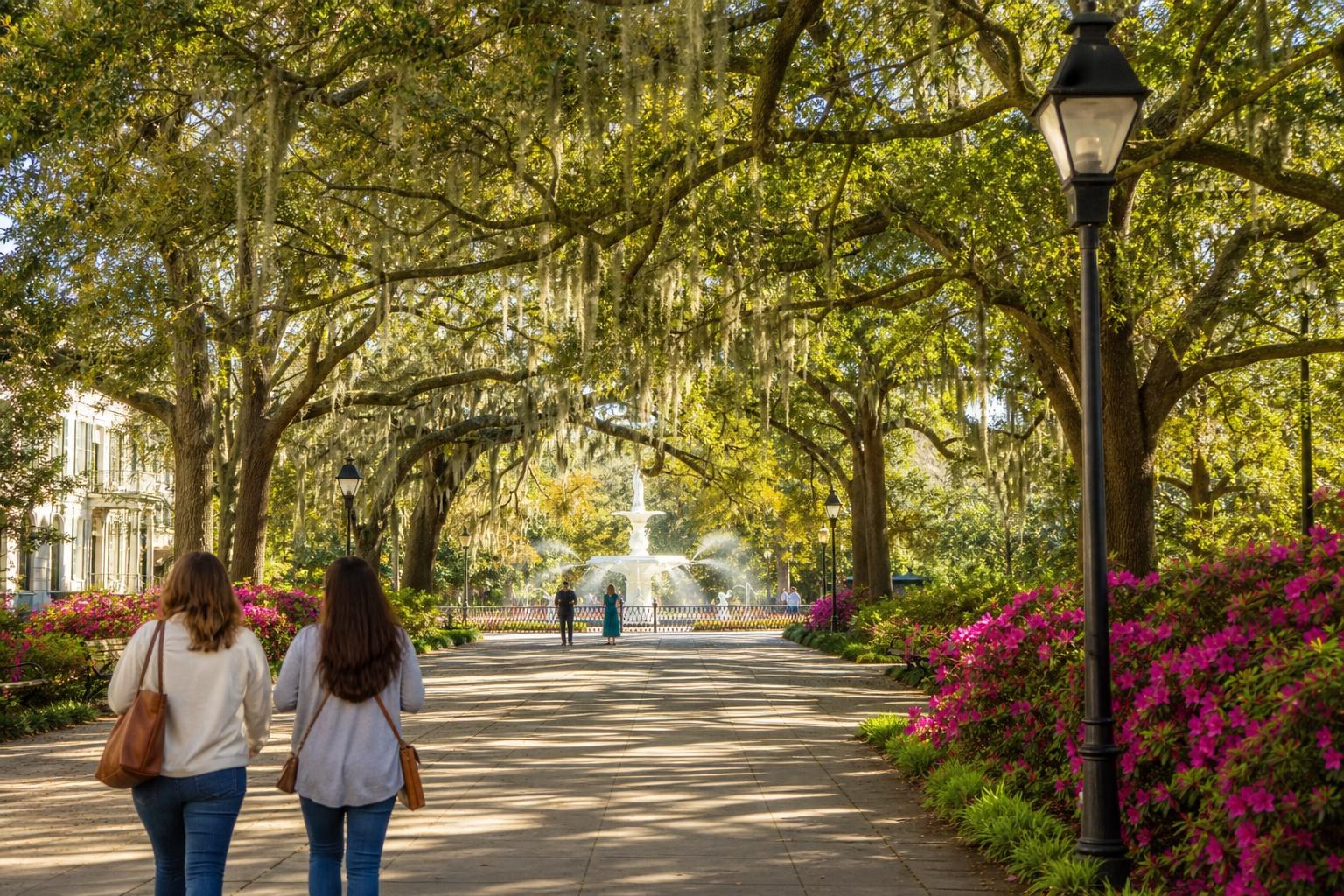 Two women walking toward the Forsyth Park fountain in Savannah, framed by oak trees with Spanish moss and blooming pink azaleas.