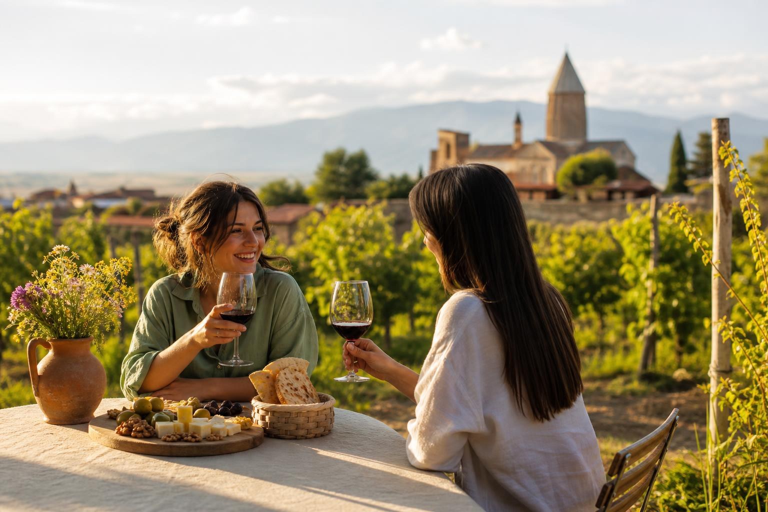 Two women toast with red wine at a sunlit outdoor table overlooking a lush Kakheti vineyard and a distant Georgian Orthodox church.
