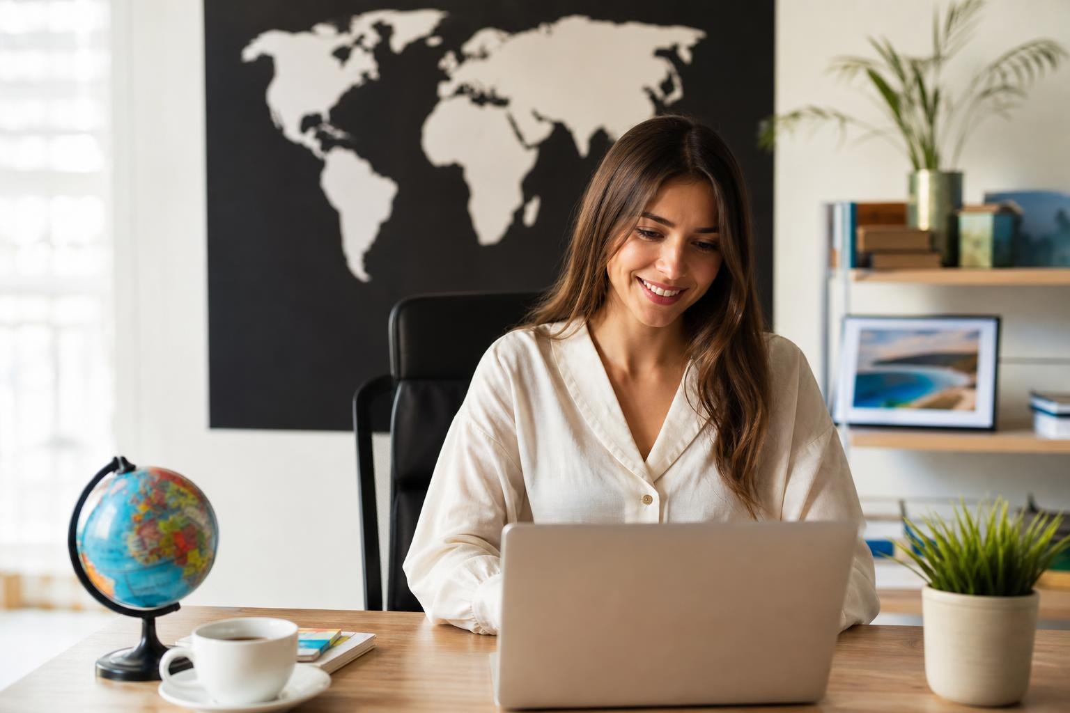 Smiling woman using a laptop at a desk with a globe and coffee, positioned in front of a large black and white world map wall hanging.