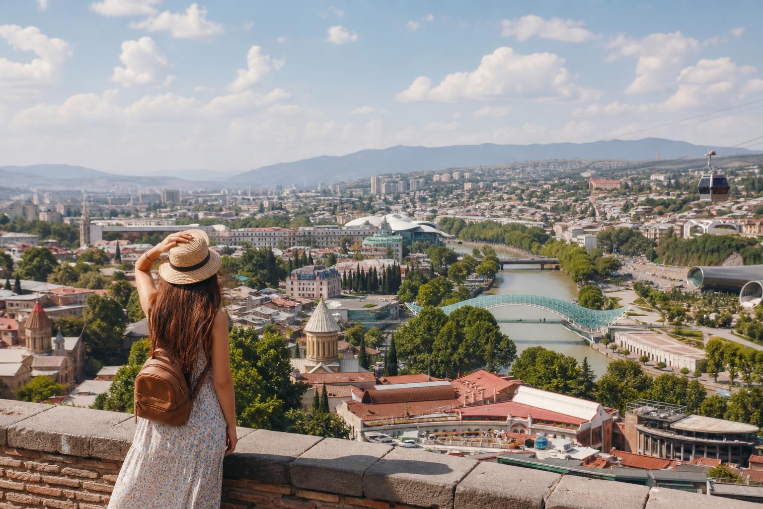Woman in a sun hat overlooking the sunny Tbilisi skyline, featuring the Kura River, Bridge of Peace, and distant mountains under a blue sky.