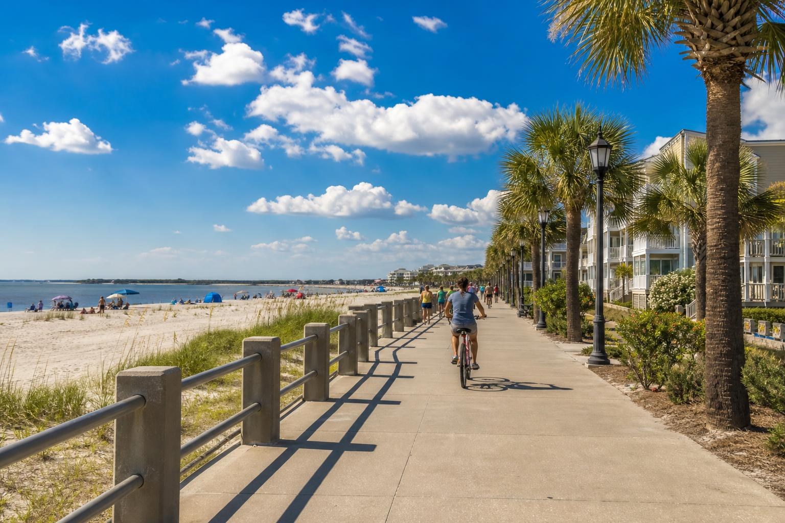 Cyclist riding on a sunny beach boardwalk lined with palm trees and white coastal buildings under a bright blue sky with fluffy clouds.