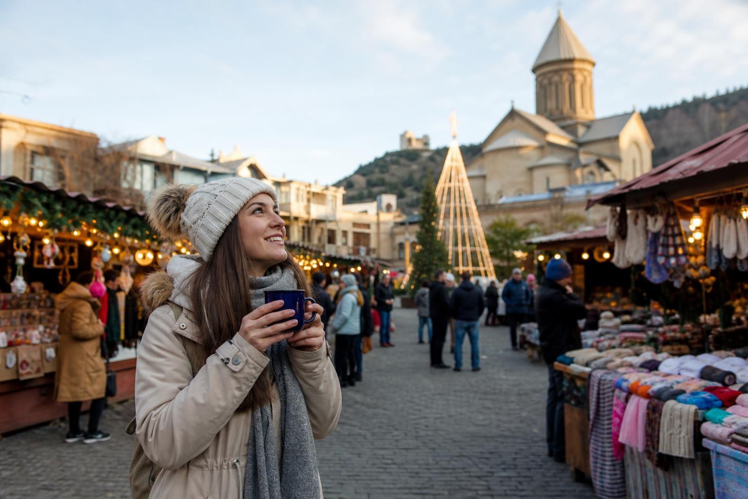 Smiling woman in winter gear holding a blue mug at a festive outdoor market in Tbilisi, Georgia, with a stone church in the background.