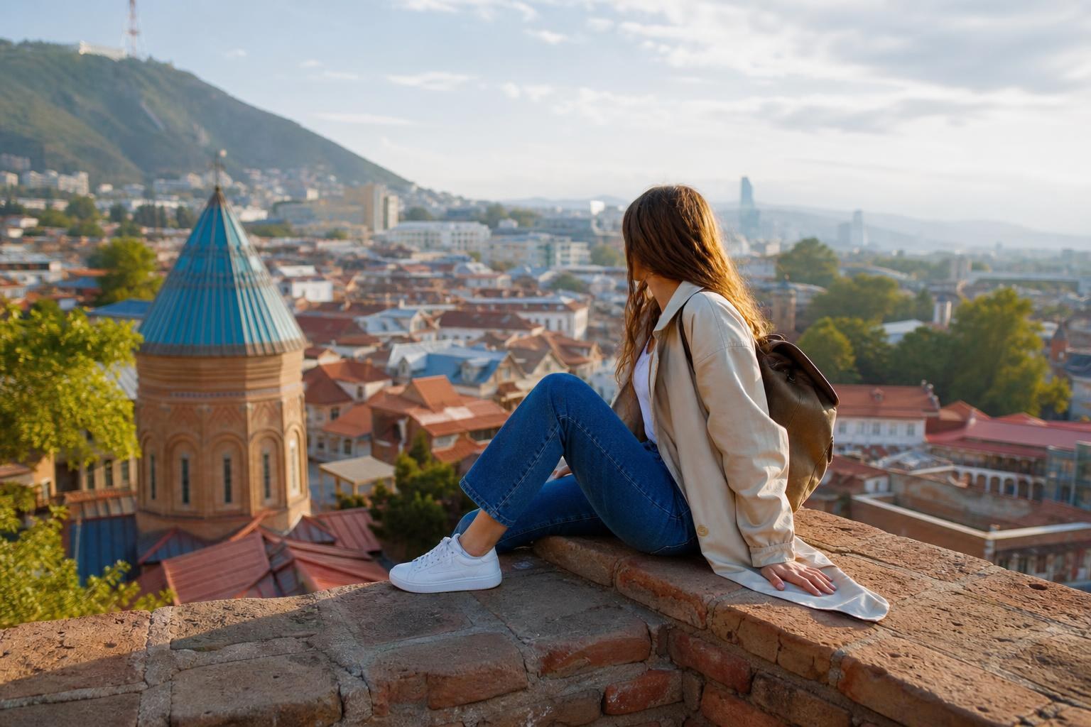 Woman in a beige trench coat, blue jeans, and white sneakers sitting on a stone wall overlooking the red-roofed city of Tbilisi, Georgia.