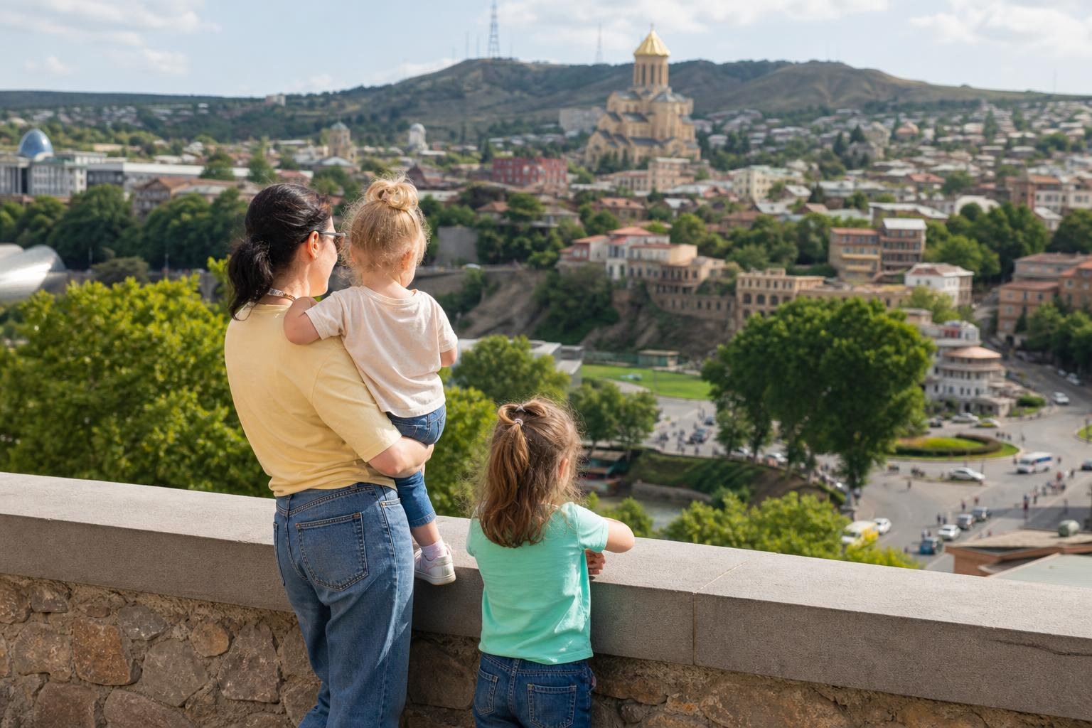 Mother holding a toddler and standing with a young girl at a stone overlook, viewing the Tbilisi skyline and Holy Trinity Cathedral.