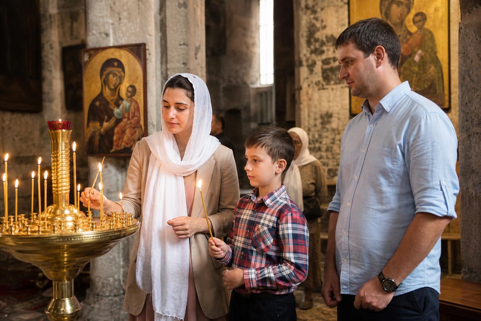 Woman in a white headscarf and a man in a button-down shirt lighting candles with a young boy inside an Orthodox church with religious icons.