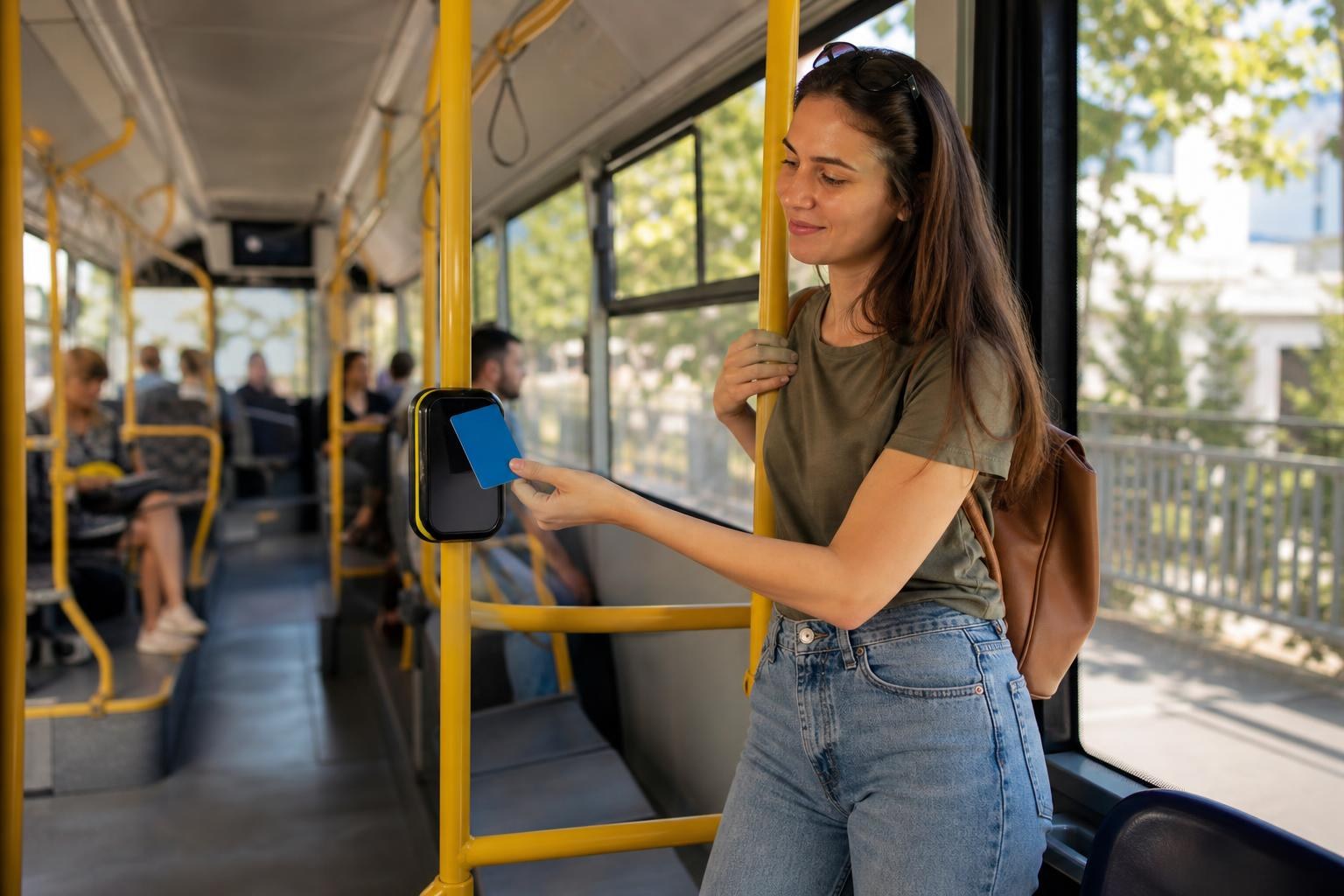 Woman tapping a blue transport card on a black electronic validator inside a modern city bus with yellow handrails.