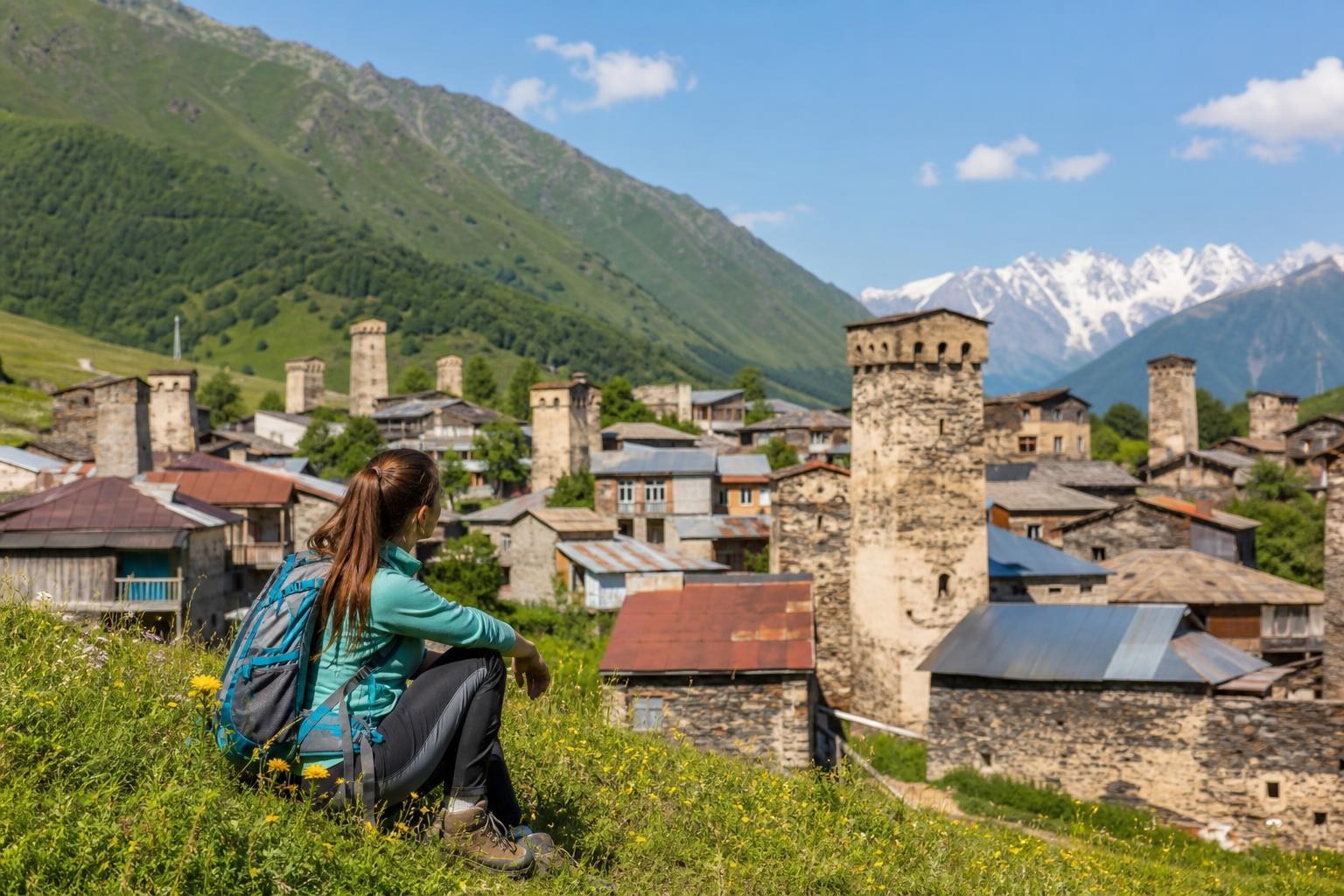 Female hiker sitting on a grassy hill overlooking the stone Svan towers of Mestia, Georgia, with snow-capped mountains in the background.