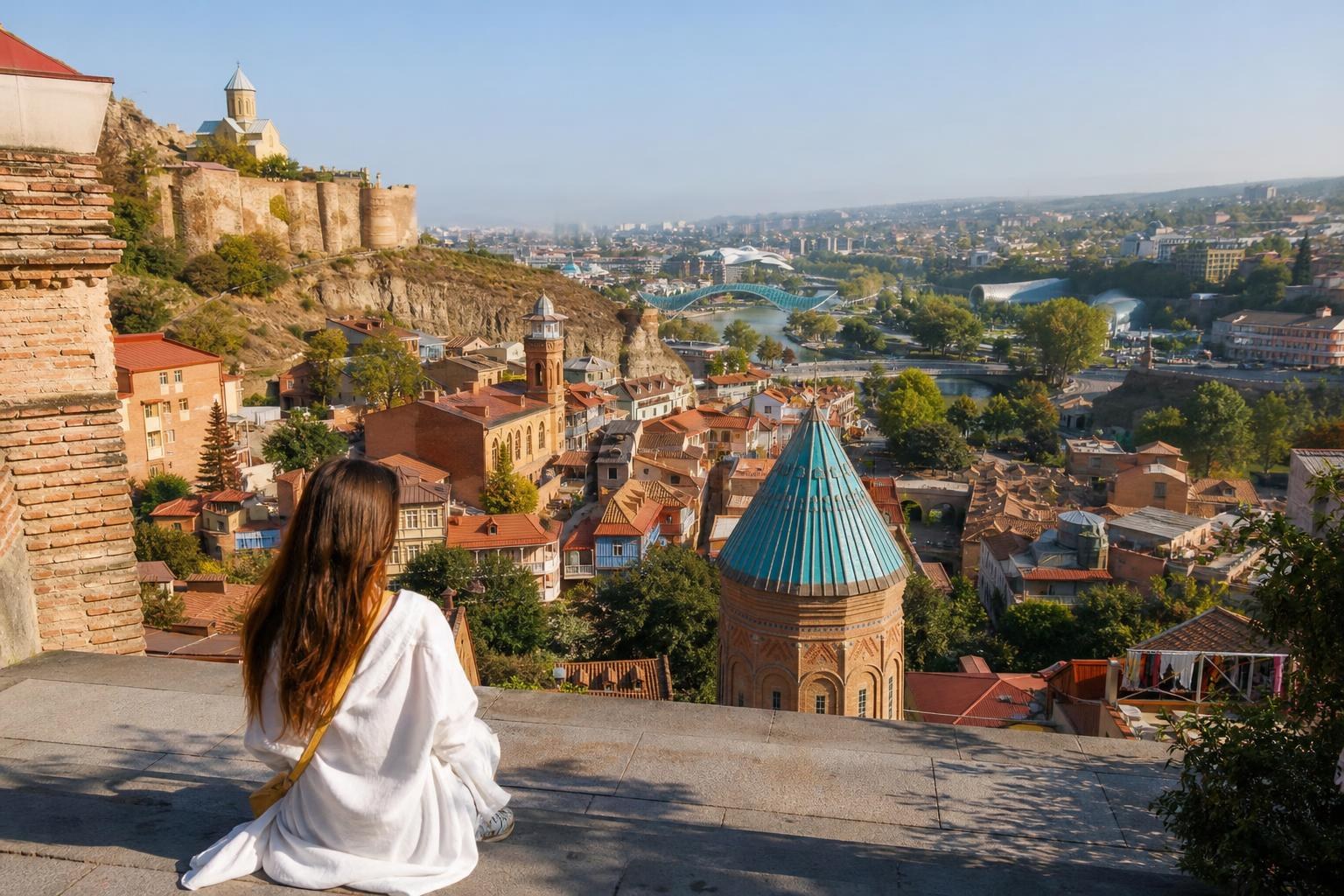 Woman in white sitting on a ledge overlooking Tbilisi's Old Town, featuring Narikala Fortress, the Bridge of Peace, and red-roofed buildings.