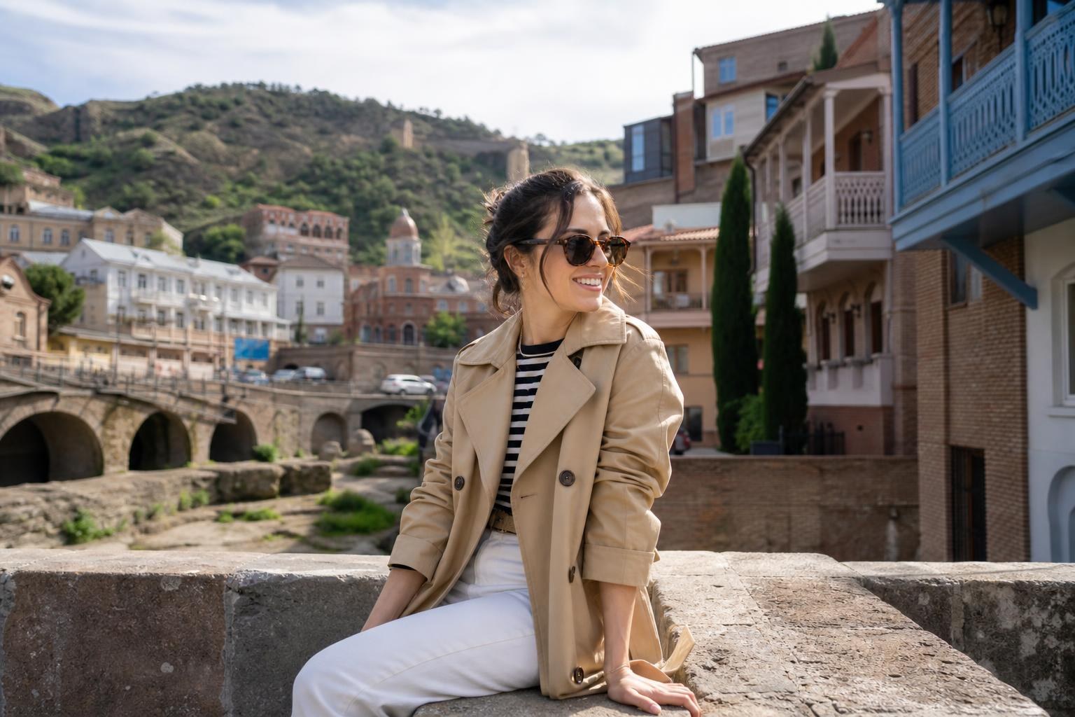Woman in a tan trench coat, striped shirt, and white trousers sitting outdoors with Tbilisi's Old Town and Narikala Fortress in the background.