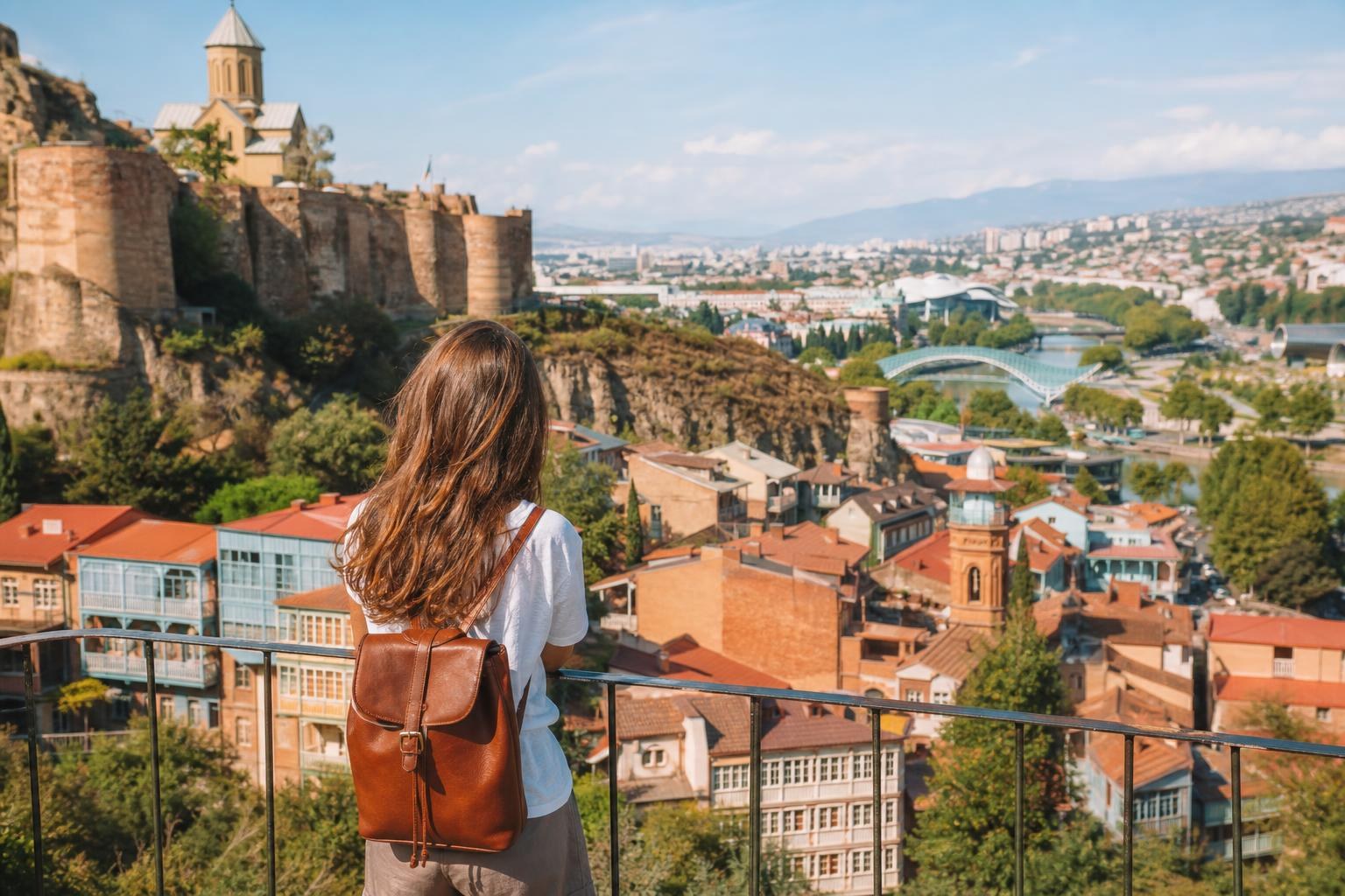 Woman with a brown leather backpack overlooking the Narikala Fortress and the colorful old town of Tbilisi, Georgia, on a sunny day.