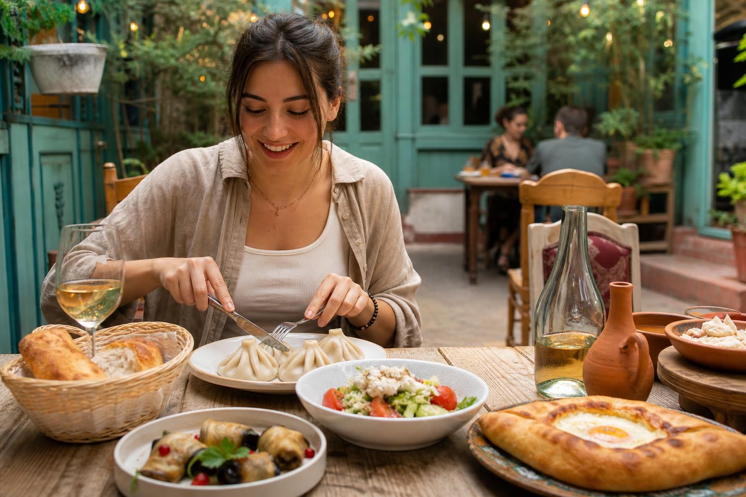 Smiling woman eating khinkali dumplings and khachapuri at a rustic outdoor restaurant in Tbilisi, surrounded by traditional Georgian dishes.