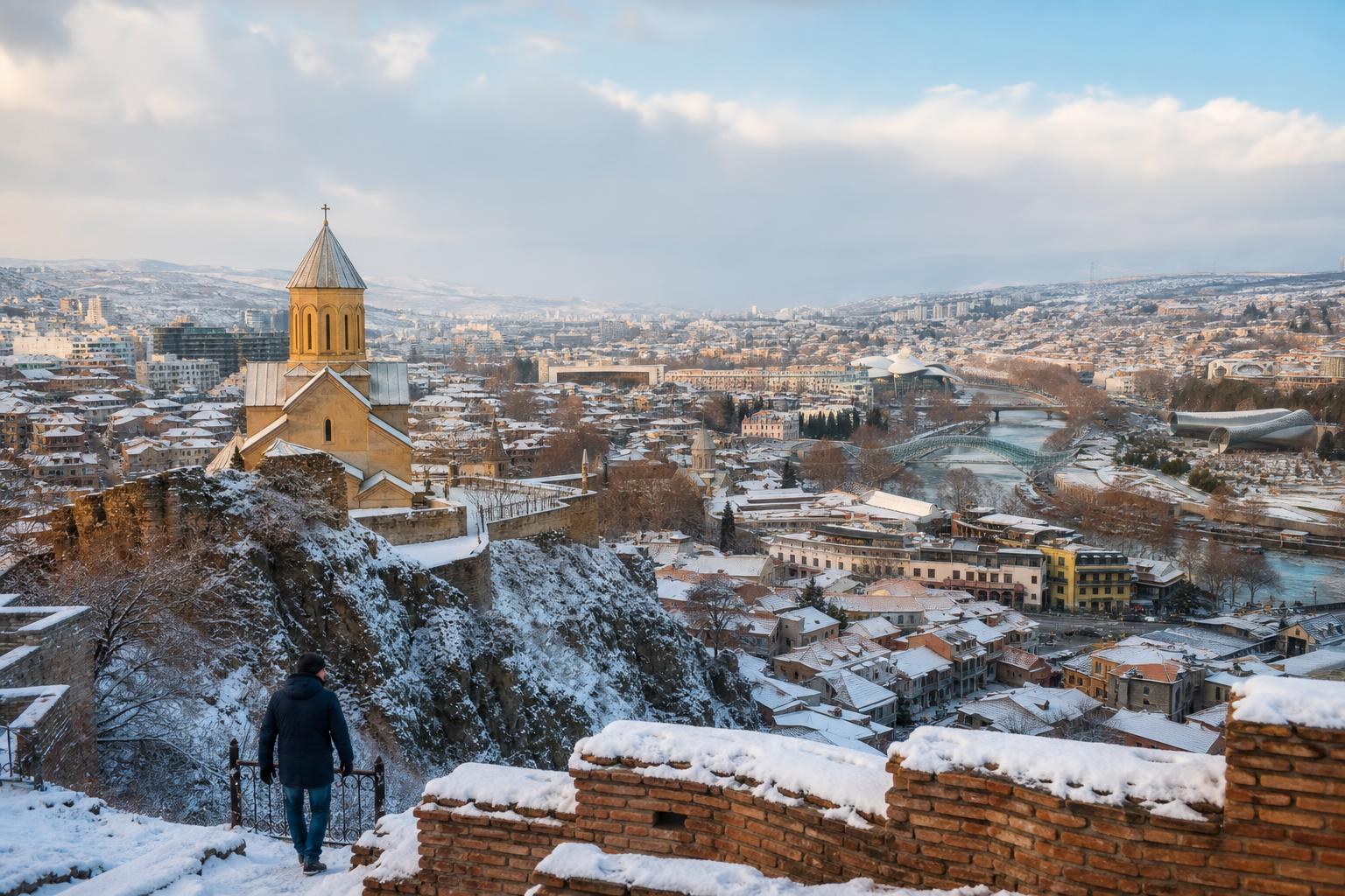 Snow-covered Tbilisi cityscape featuring the Narikala Fortress and St. Nicholas Church overlooking the Kura River under a cloudy winter sky.