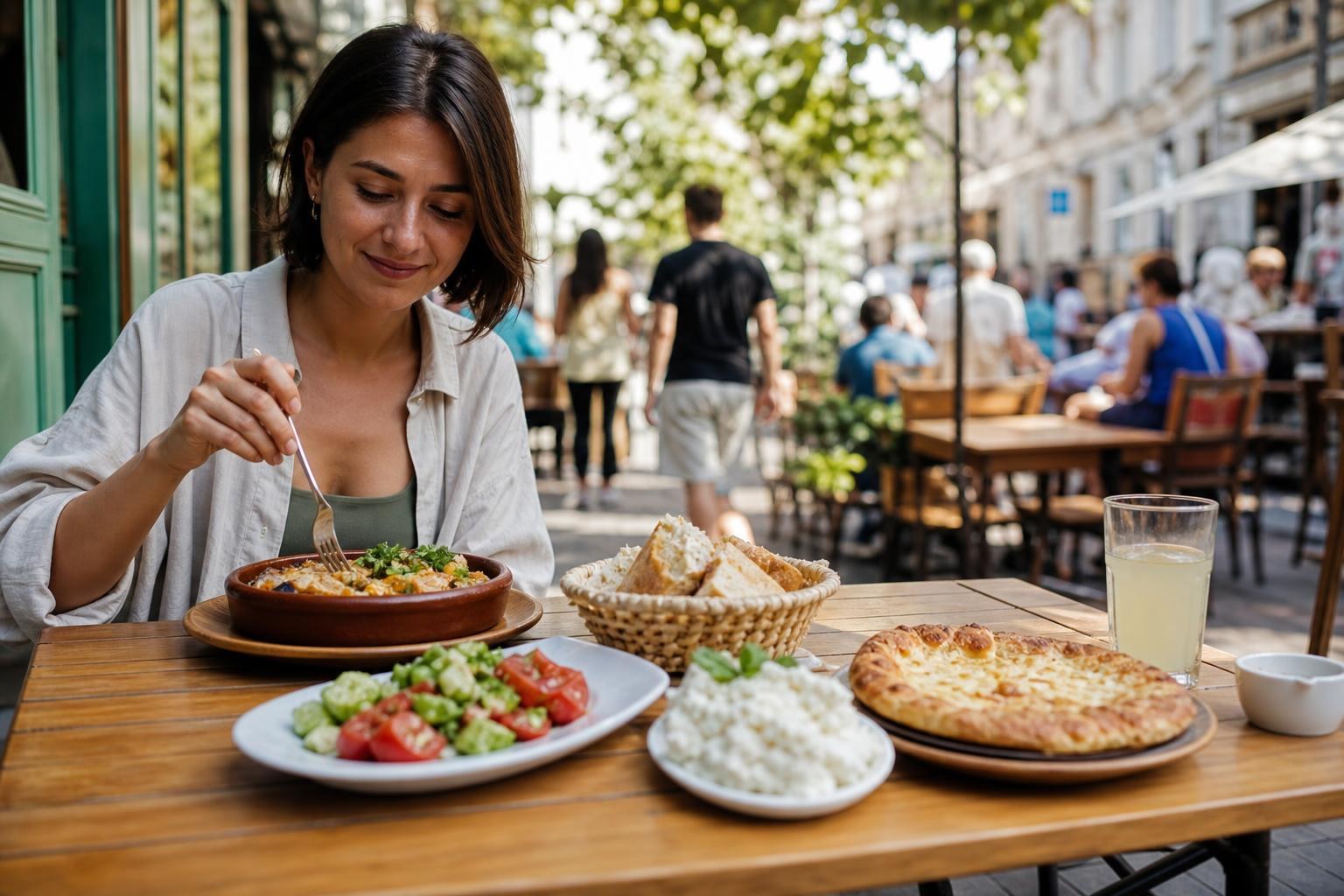 Woman dining at an outdoor cafe with a spread of Georgian dishes including khachapuri, tomato cucumber salad, and bread on a sunny street.