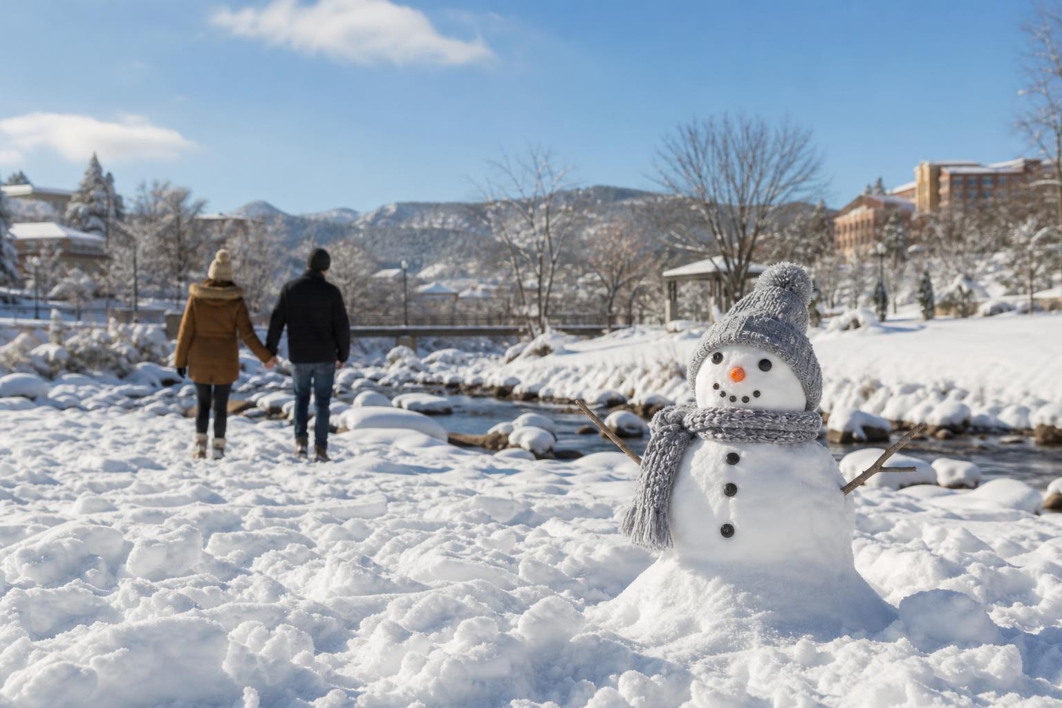 Small snowman in a grey hat and scarf beside a snowy river, with a couple walking in the background toward a mountain town.