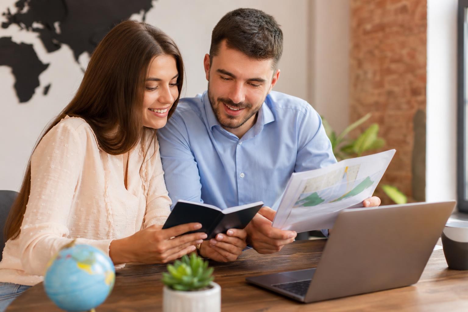 Smiling couple reviewing a passport and travel documents at a desk with a laptop, globe, and world map background.