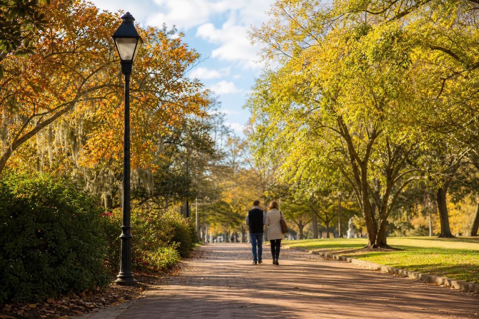 Couple walking down a sunlit park path lined with autumn trees in shades of yellow and orange under a blue sky.