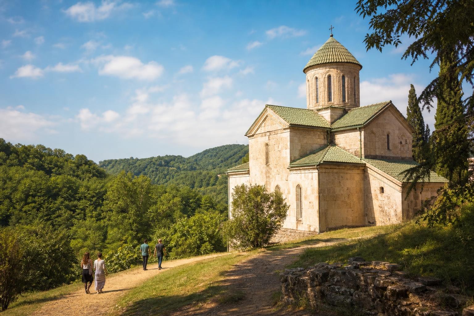 Ancient stone monastery with a green tiled dome overlooks a lush forested valley under a bright blue sky with scattered clouds.