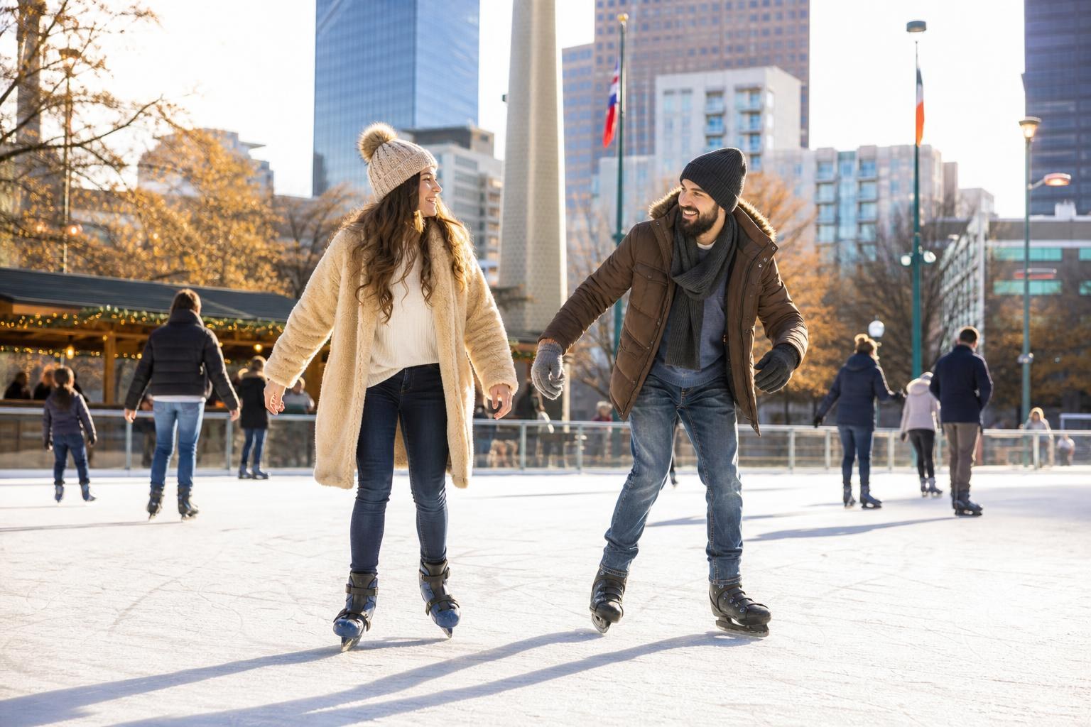Smiling couple in winter coats and beanies ice skating at an outdoor rink in downtown Atlanta with city skyscrapers in the background.