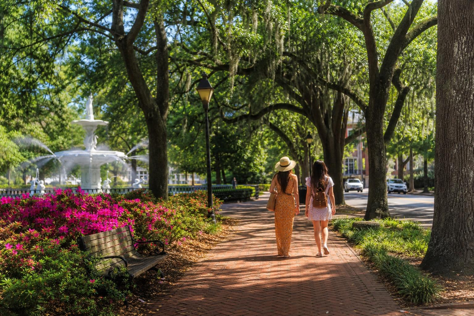 Two women walk down a sun-dappled brick path in a lush Savannah park lined with moss-draped oak trees, pink azaleas, and a white fountain.