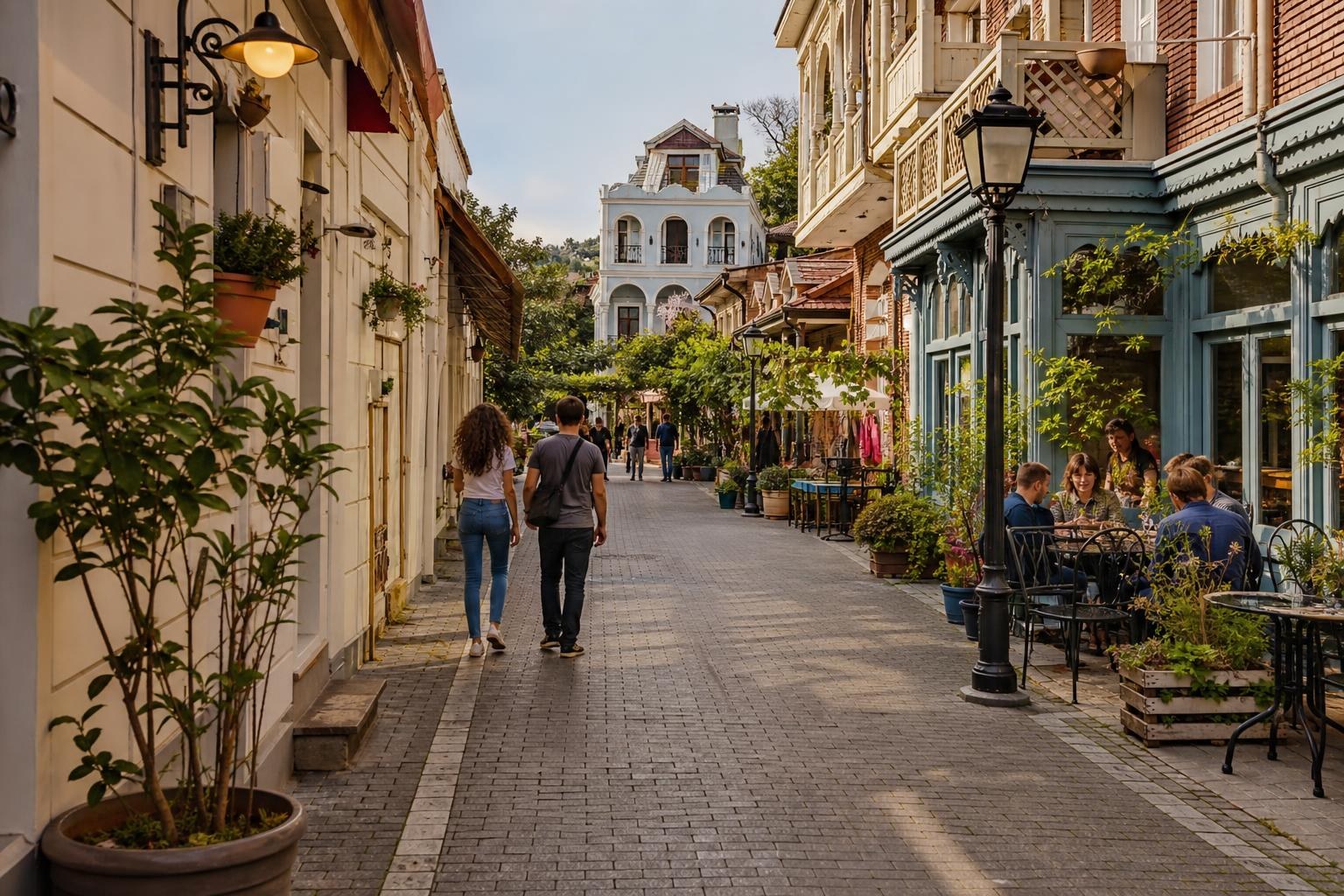 Pedestrians walk down a cobblestone street in Tbilisi lined with historic buildings, ornate balconies, and people dining at outdoor cafes.