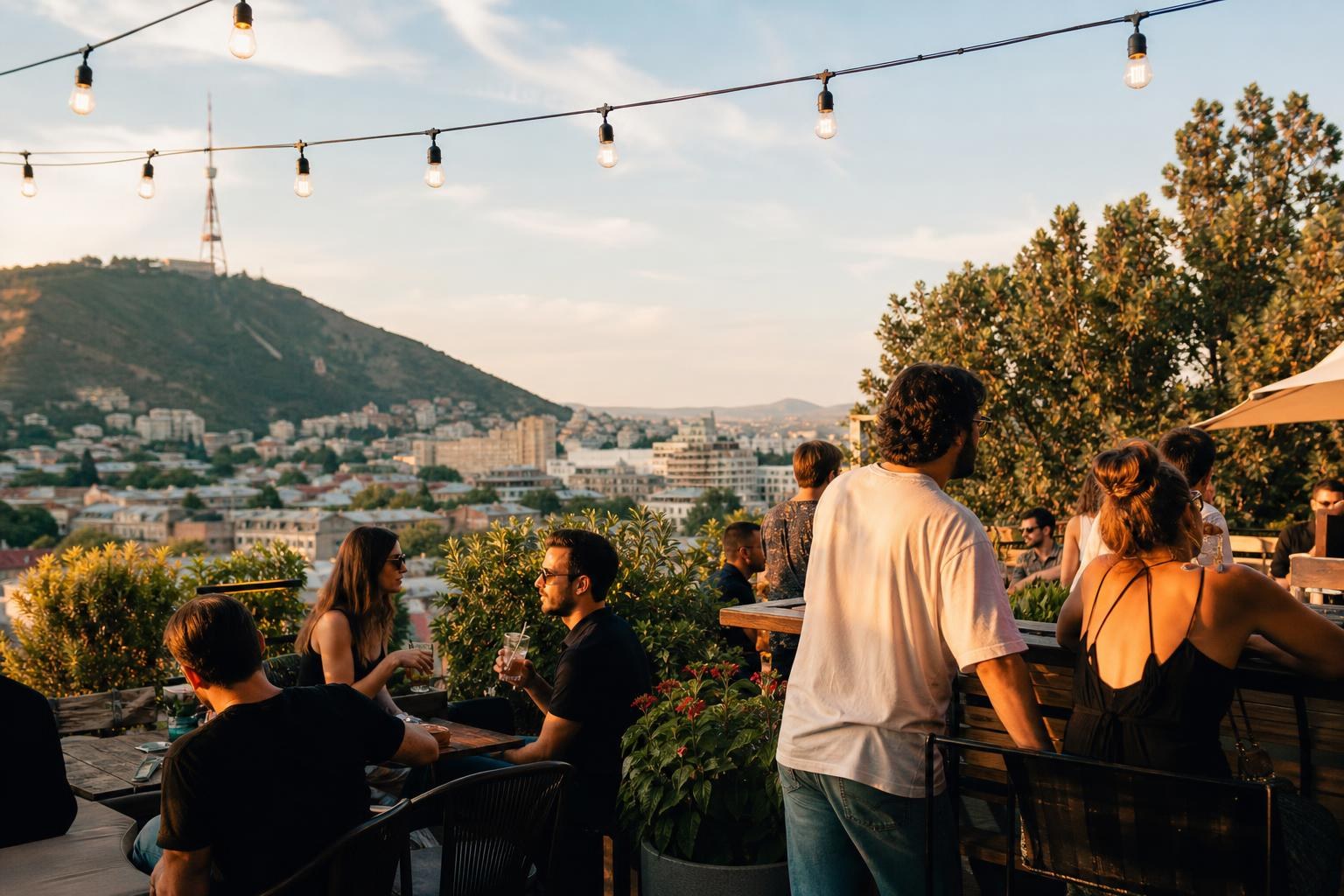 People enjoying drinks at a crowded rooftop bar in Tbilisi at sunset, with string lights and the Mtatsminda TV Tower in the background.