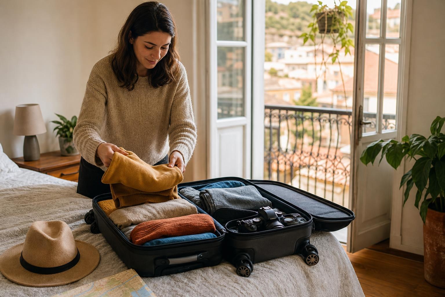 Woman in a beige sweater packing a black suitcase with folded clothes and a camera on a bed near a balcony overlooking a city.