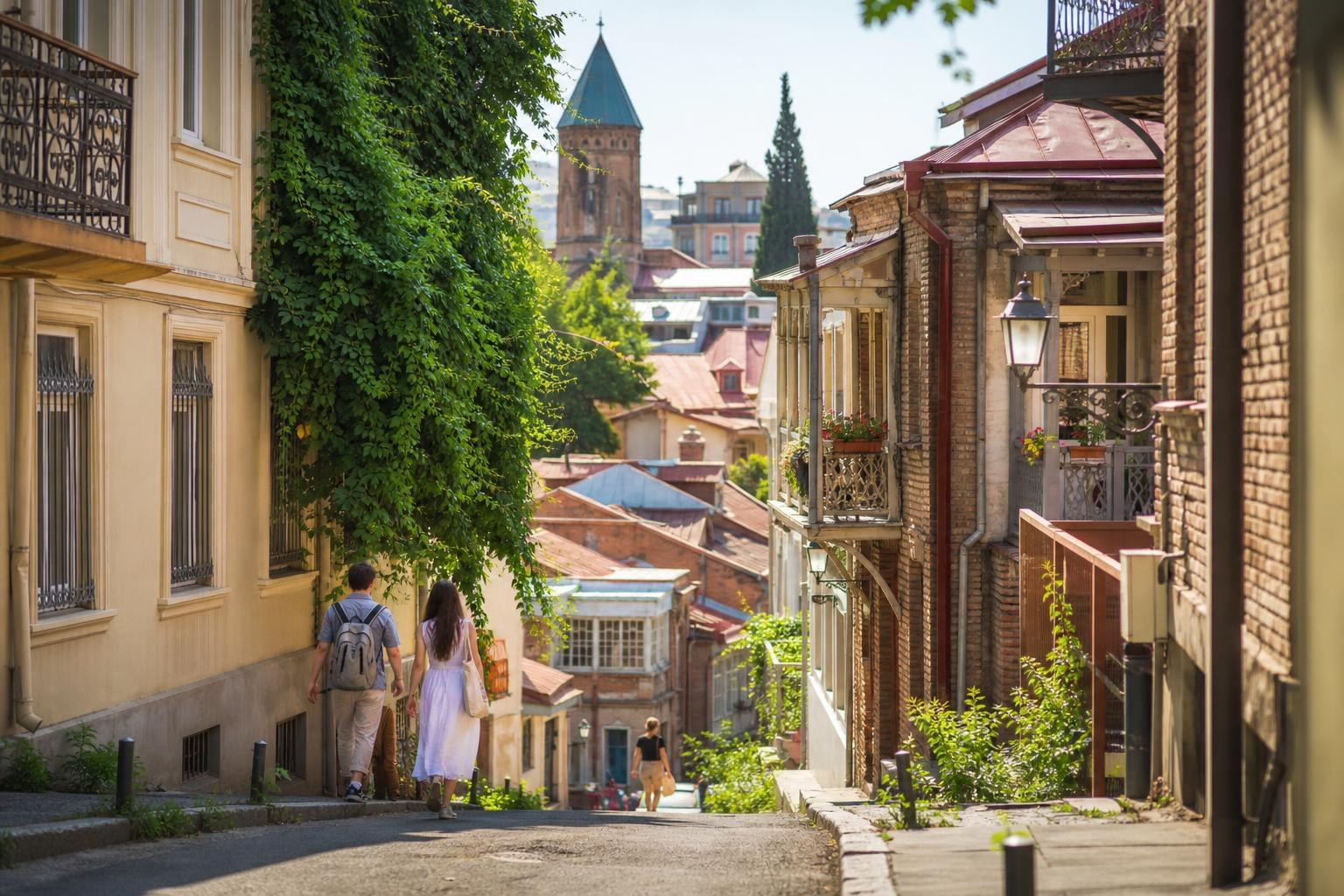 Couple walking down a narrow, sunlit street in Old Tbilisi, featuring traditional brick houses with wooden balconies and a church tower in the distance.