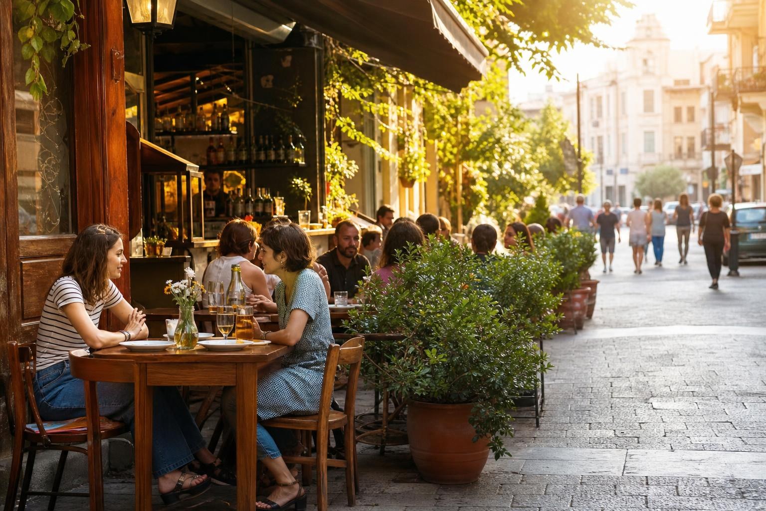 People dining at a sun-drenched outdoor cafe on a cobblestone street lined with lush greenery and historic European architecture.