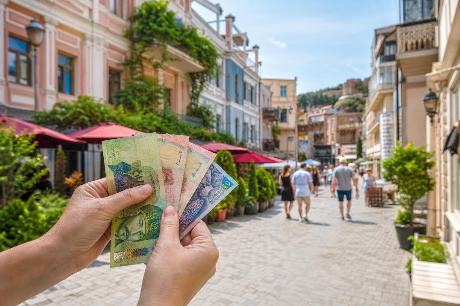Hands holding a fan of colorful Georgian Lari banknotes against the backdrop of a sunny, cobblestone street in Old Tbilisi.