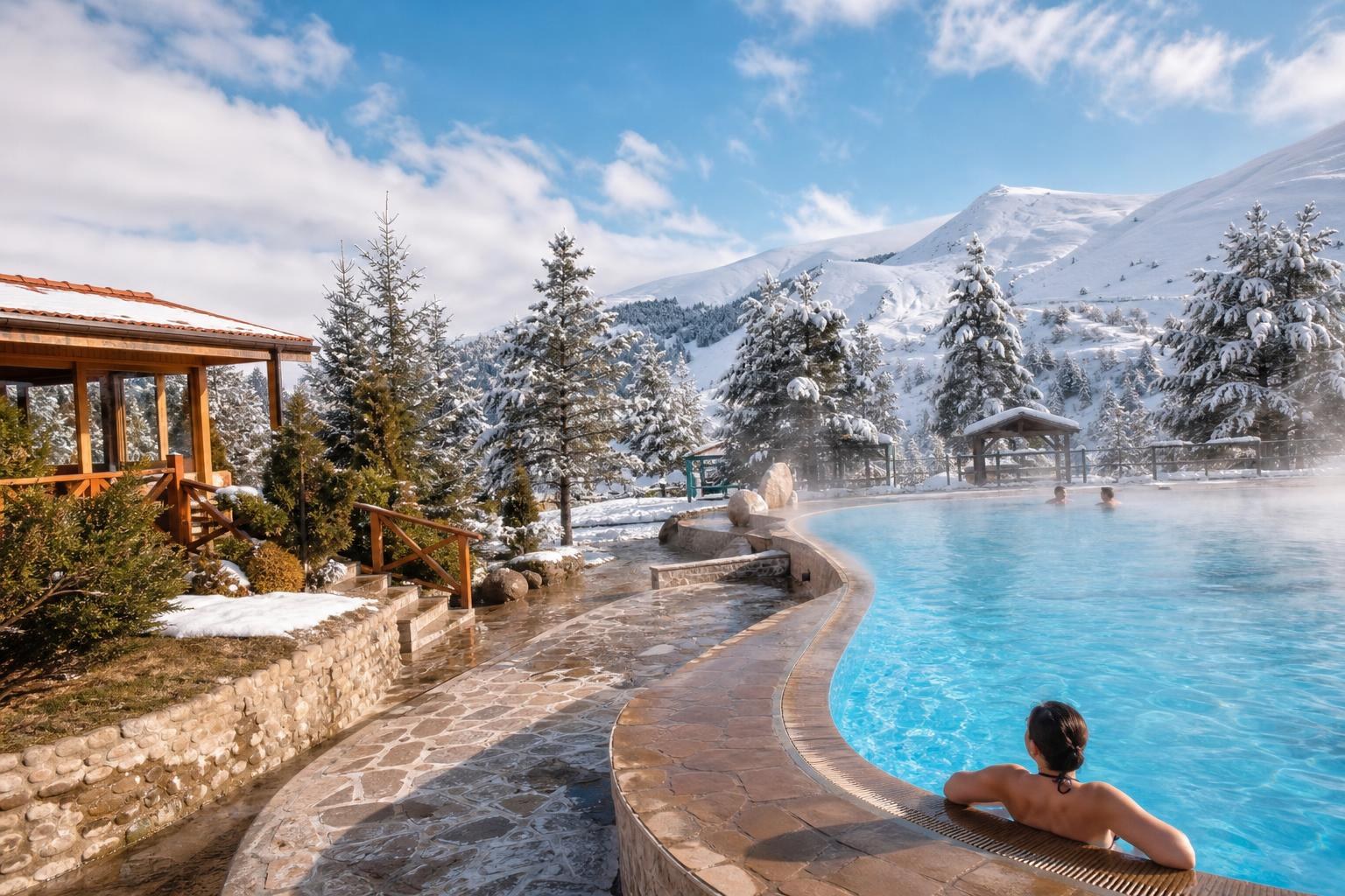 Steaming outdoor thermal pool with people relaxing against a backdrop of snow-covered mountains and pine trees under a bright blue sky.
