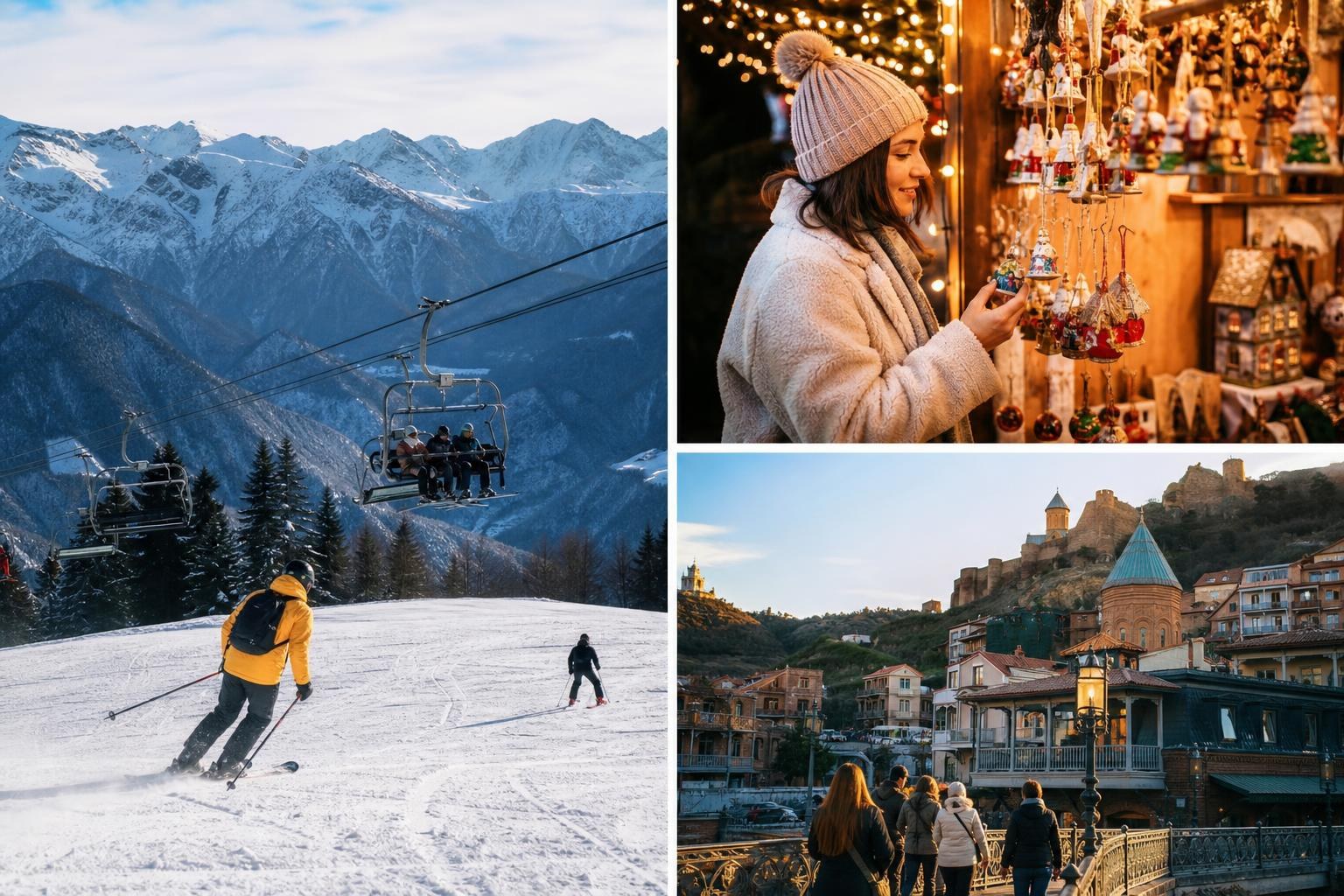 Split-screen collage of a skier on a snowy mountain, a woman at a festive Christmas market, and tourists walking through historic Tbilisi.