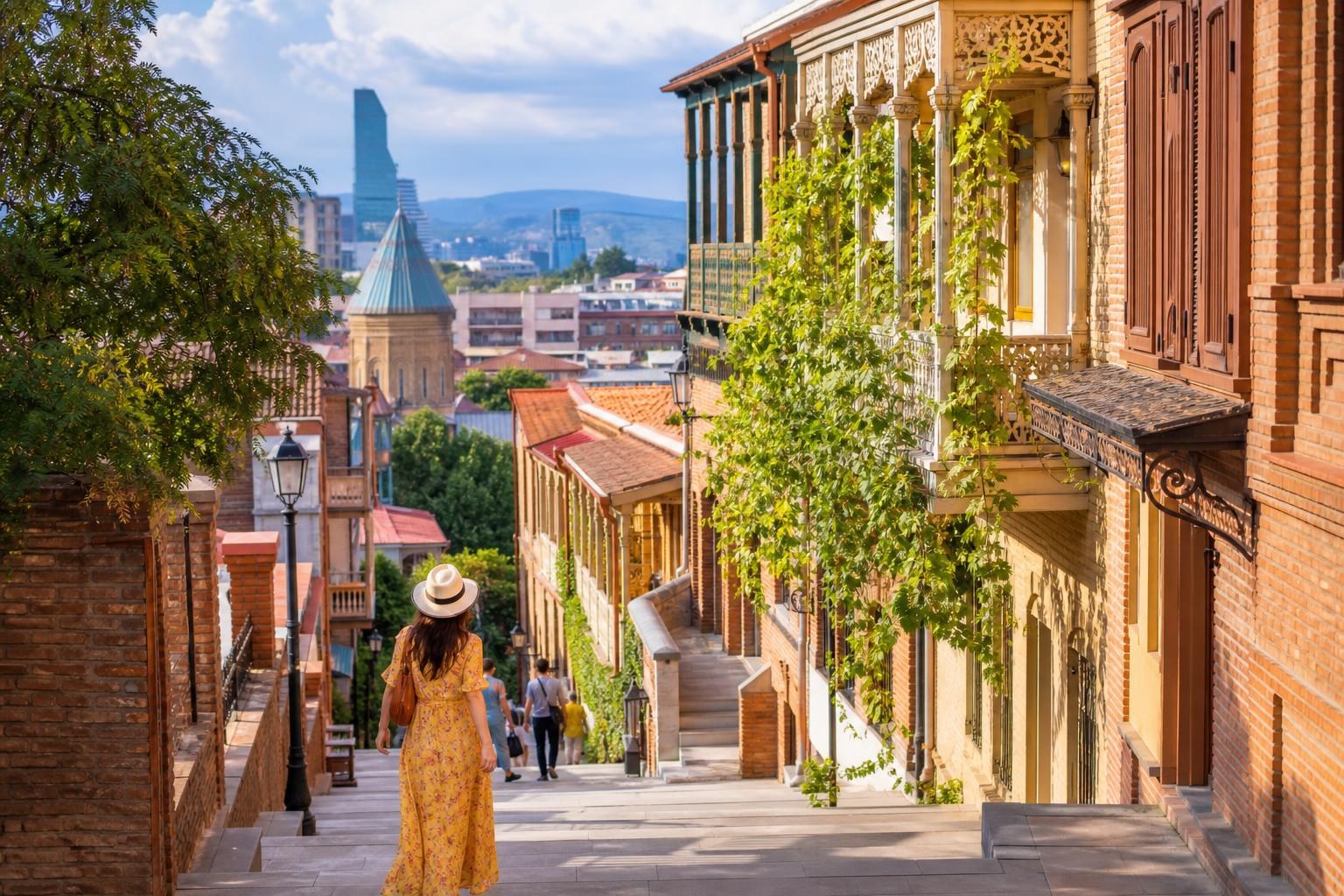 Woman in a yellow dress walking down stone stairs in Old Tbilisi, surrounded by brick buildings with ornate wooden balconies and vines.