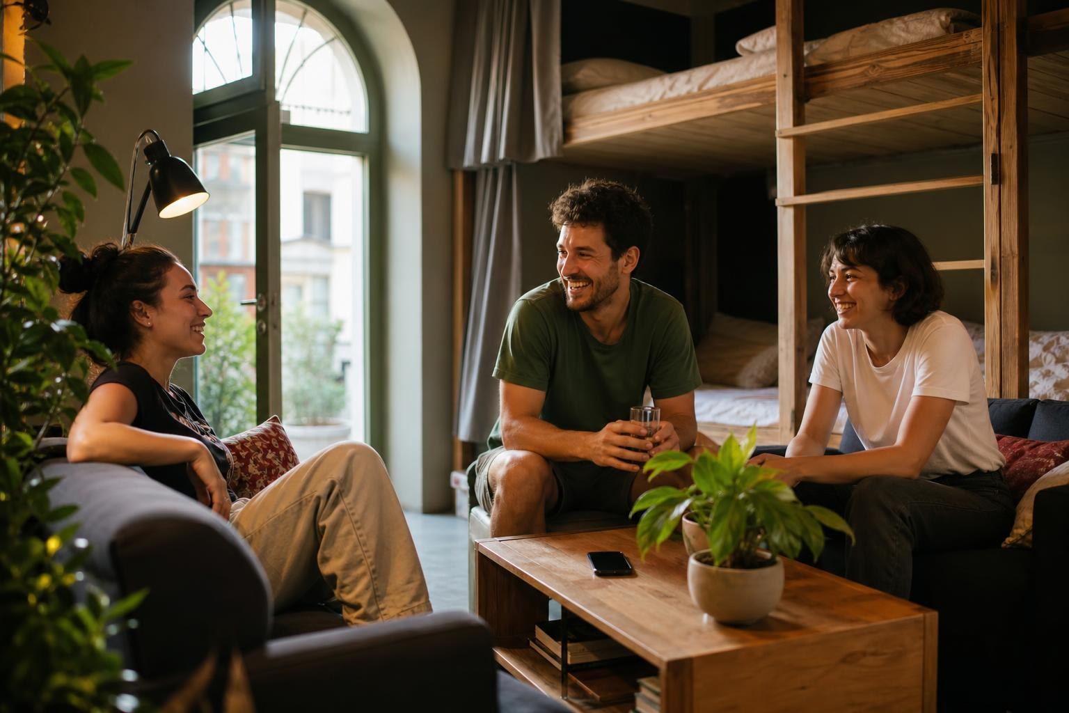 Three young travelers laughing together in a cozy, modern hostel common room featuring wooden bunk beds, indoor plants, and warm lighting.