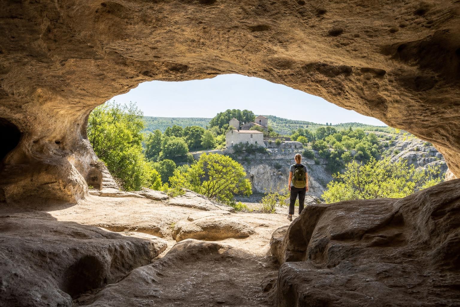 Hiker with a backpack standing at a cave entrance overlooking a stone church on a lush green hillside in Georgia.