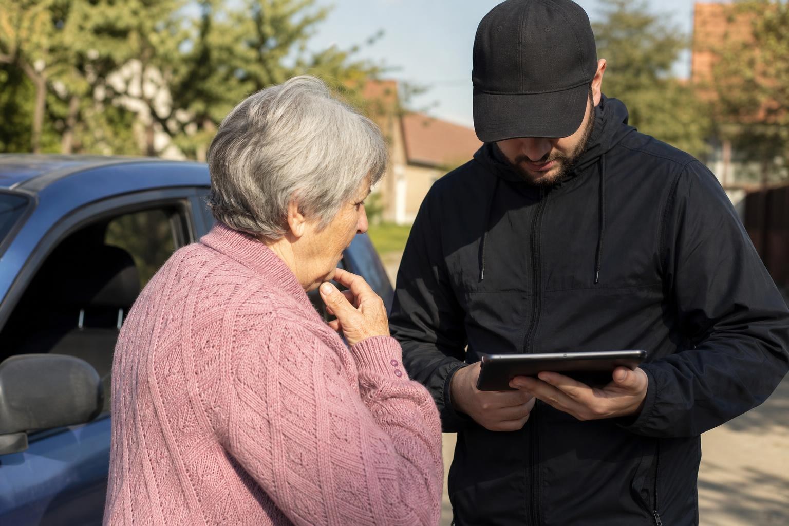 An elderly woman in a pink sweater looks concerned while a man in a black cap and jacket shows her something on a digital tablet outdoors.