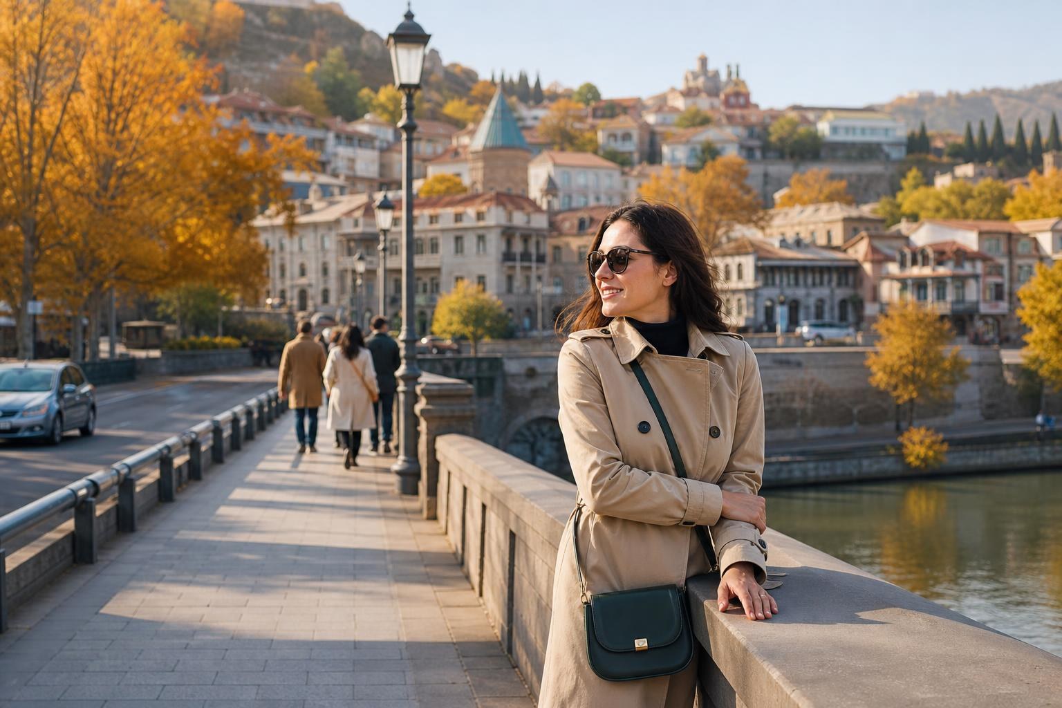 Woman in a tan trench coat and sunglasses standing on a bridge in Tbilisi, surrounded by golden autumn trees and historic architecture.