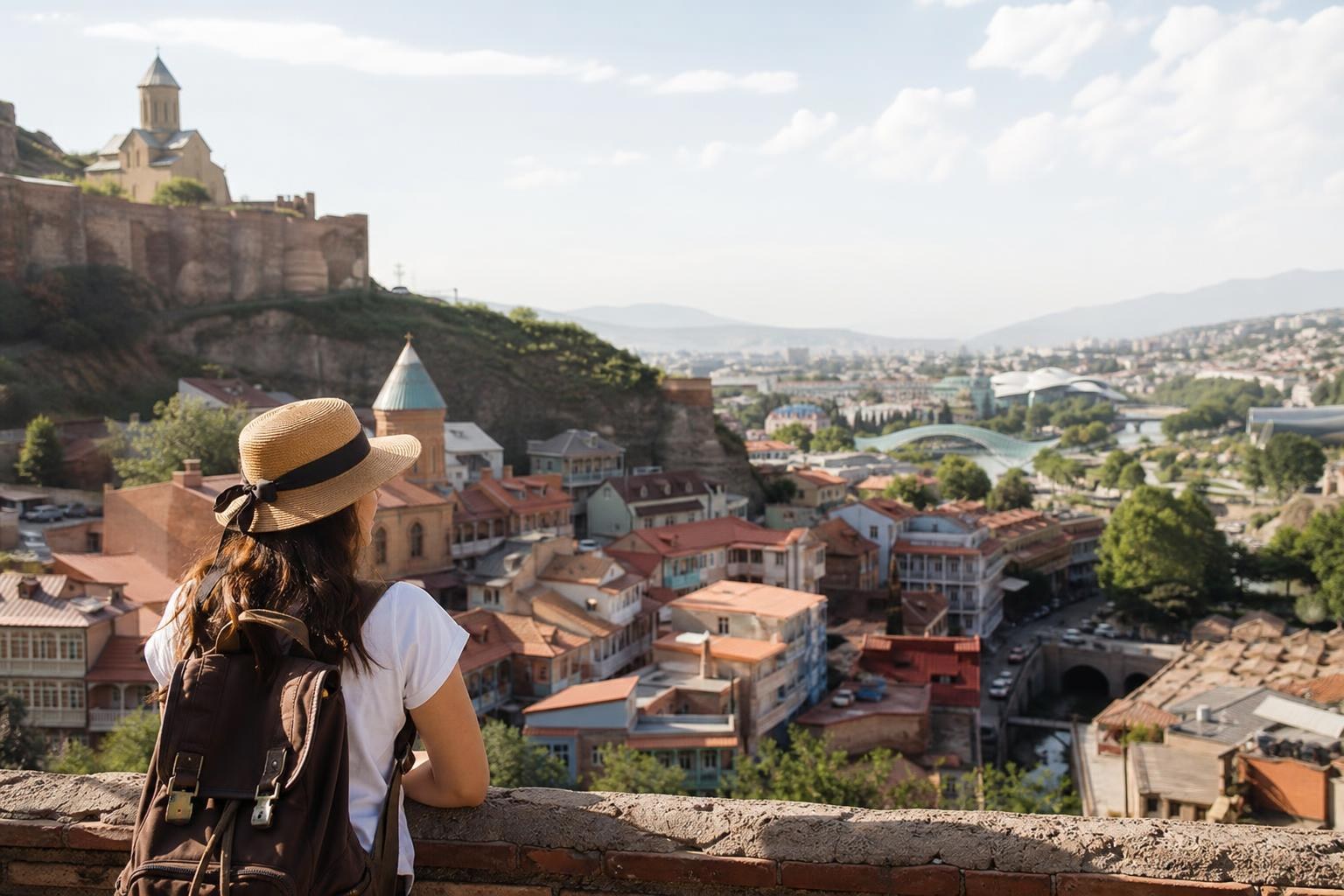 Woman with a straw hat and backpack overlooking the historic red-roofed buildings and Narikala Fortress in Tbilisi, Georgia.