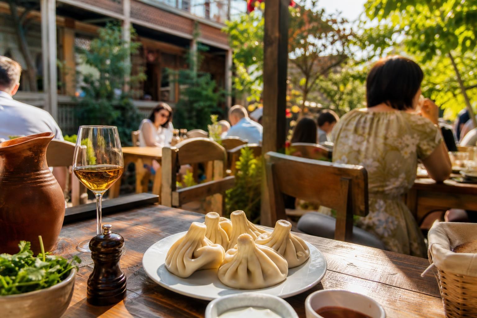 Steaming khinkali dumplings on a white plate at a sun-drenched outdoor restaurant patio in Tbilisi, accompanied by white wine and fresh herbs.