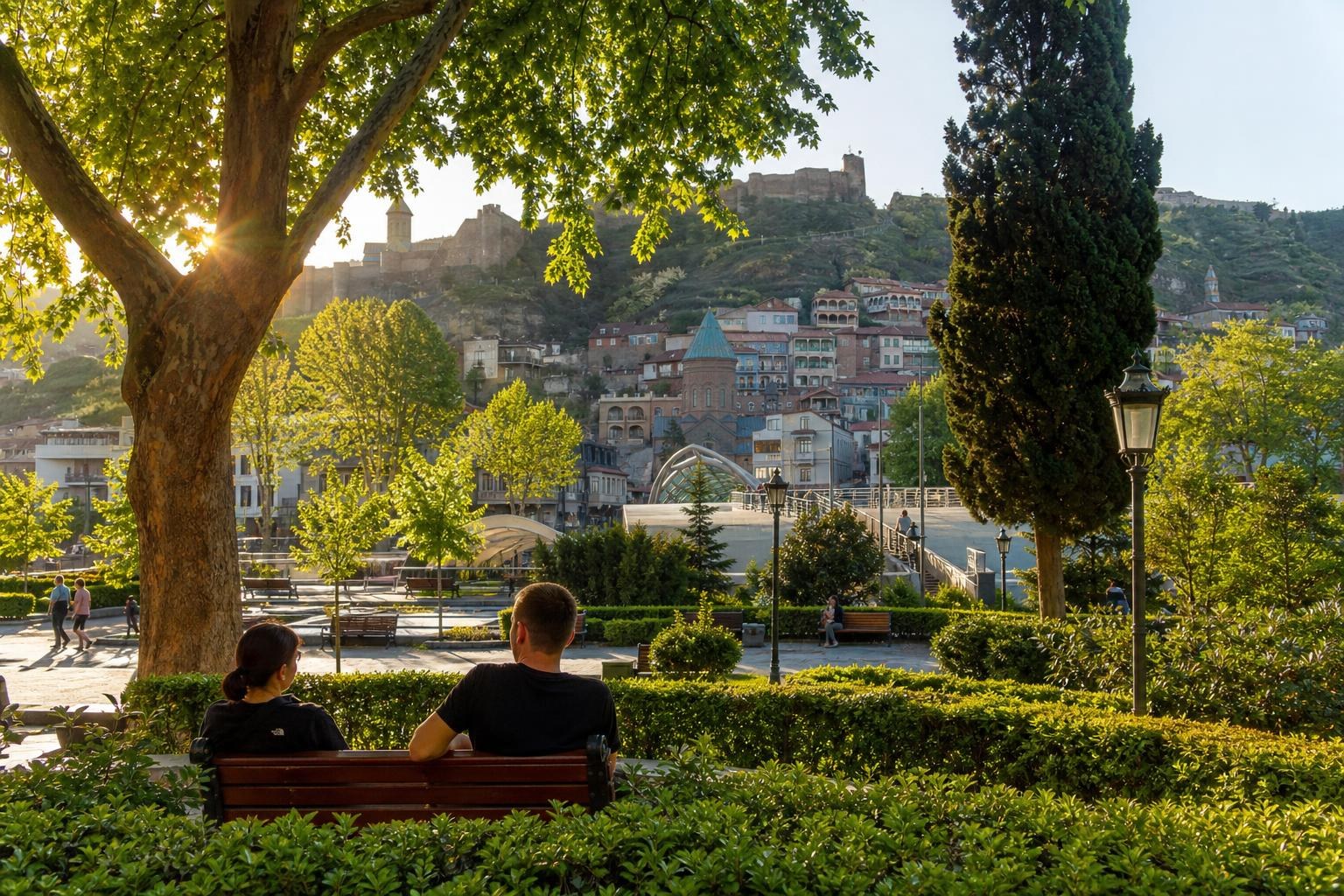 Couple sitting on a park bench in sunny Tbilisi, overlooking the Bridge of Peace and Narikala Fortress under a warm, golden sunset.