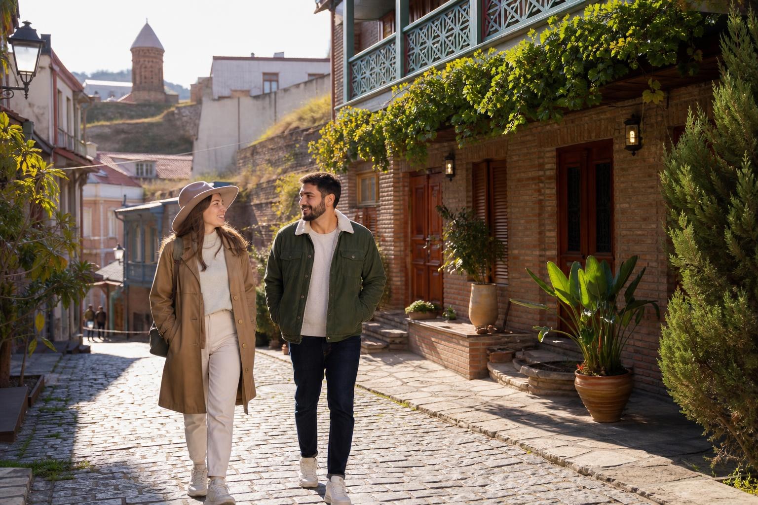 Couple walking on a cobblestone street in Tbilisi wearing a tan trench coat, wide-brimmed hat, and olive green jacket with a shearling collar.