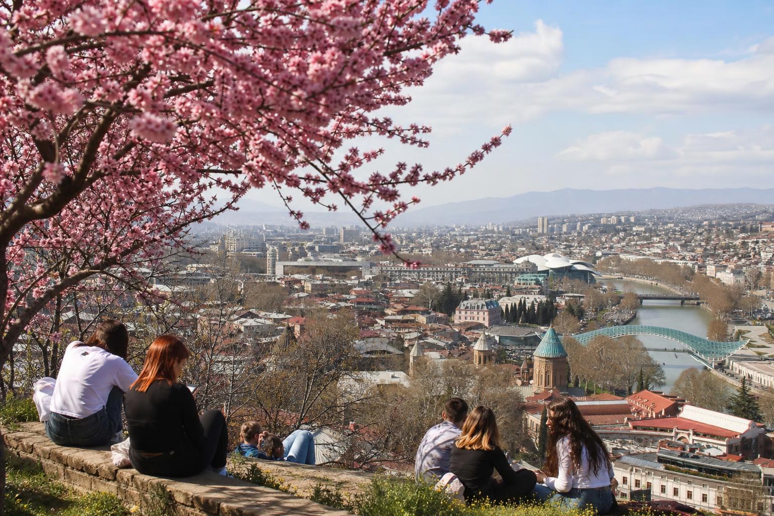 People sitting on a hillside under blooming pink cherry blossoms, overlooking the Tbilisi city skyline and Kura River on a sunny spring day.
