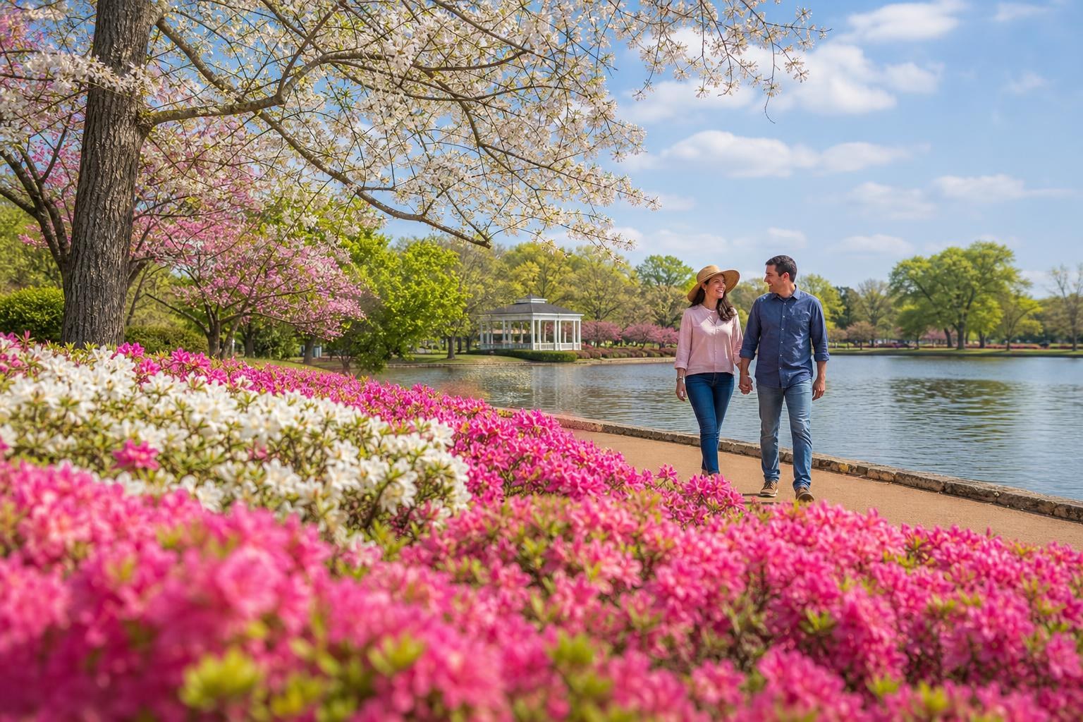 Couple walking along a lakeside path lined with blooming pink azaleas and white cherry blossoms under a sunny blue sky.