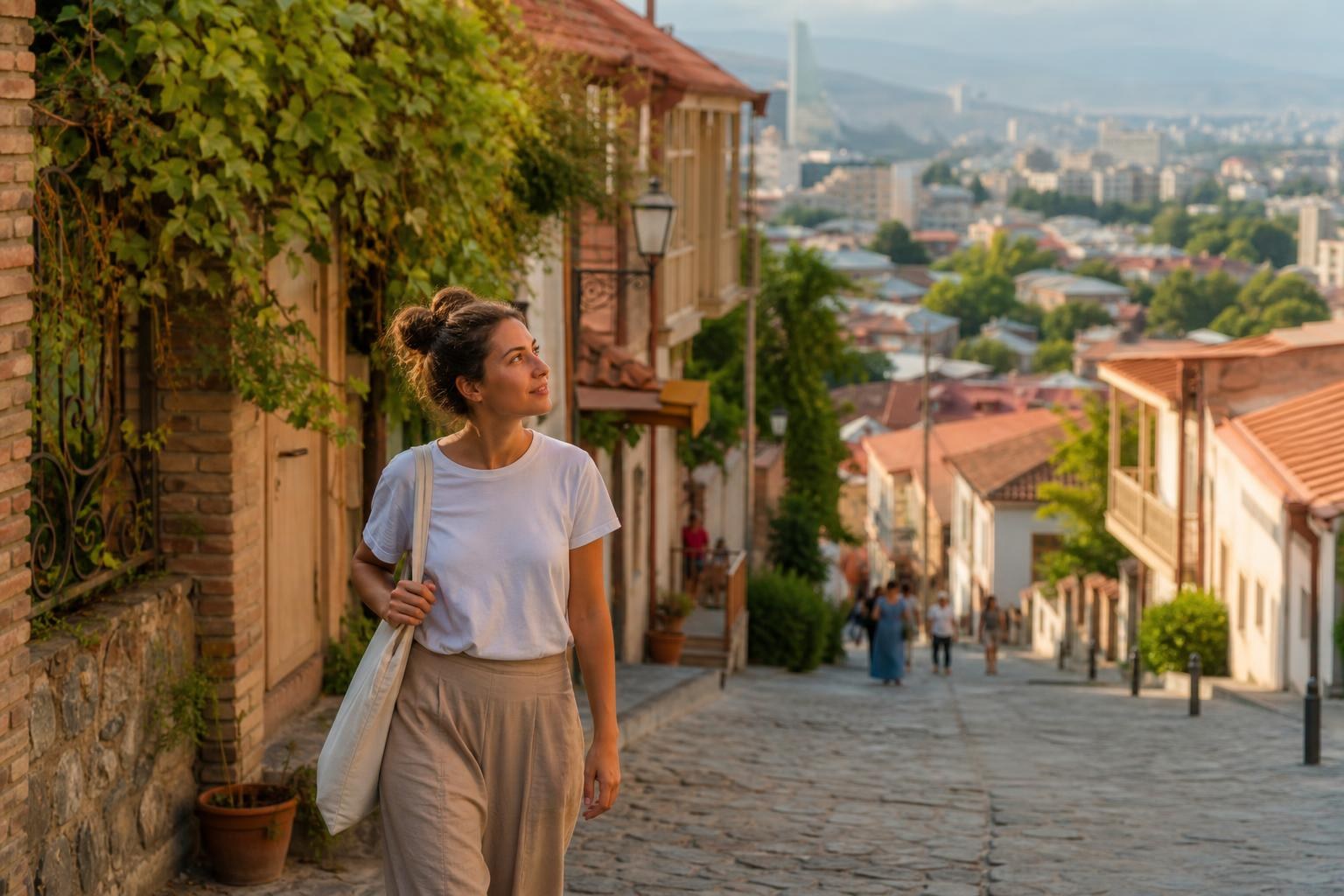 Solo female traveler walking down a cobblestone street in Tbilisi, Georgia, surrounded by historic buildings with red roofs and lush greenery.