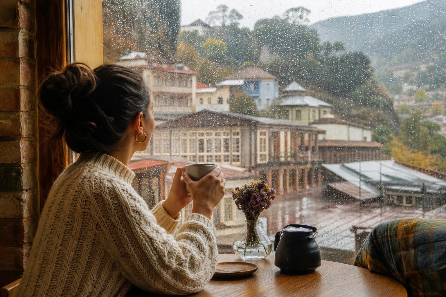 Woman in a cream sweater holding a mug, looking out a rainy window at the historic wooden balconies and hills of Tbilisi, Georgia.