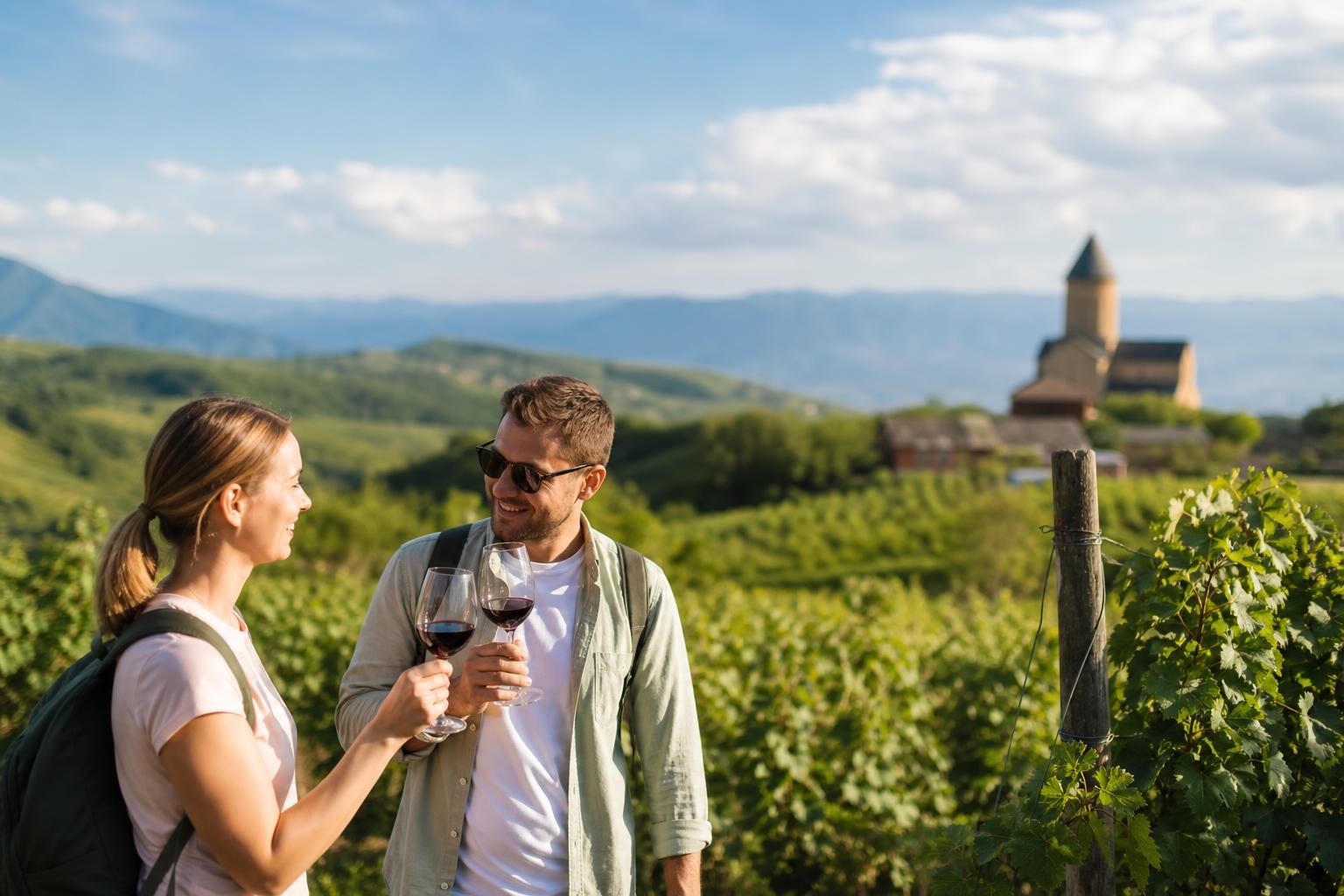 Smiling couple with backpacks toasting red wine glasses in a lush green vineyard with a historic stone church and mountains in the background.