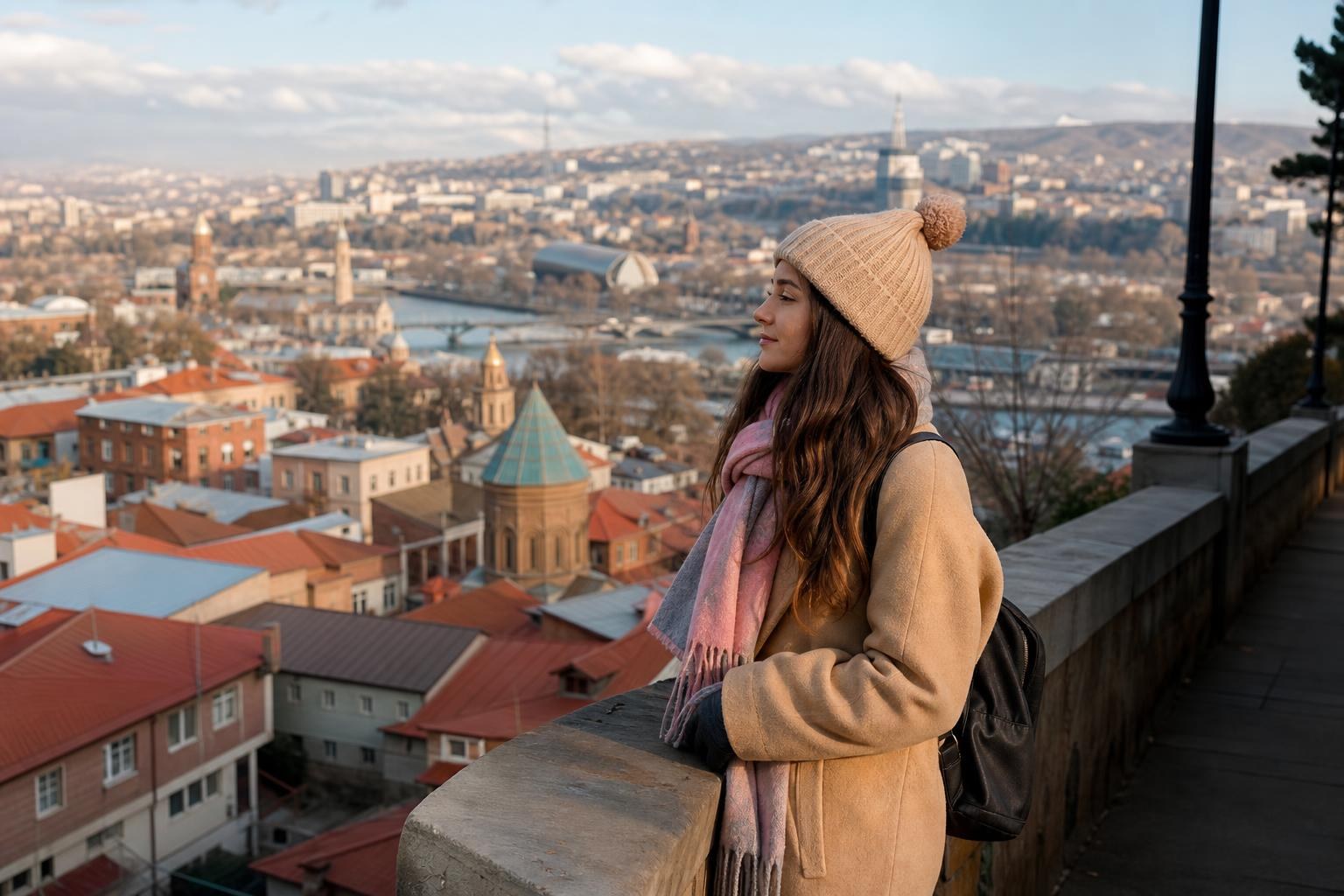 Woman in a beige wool coat, pom-pom beanie, and pink scarf overlooking the red-roofed cityscape of Tbilisi, Georgia.